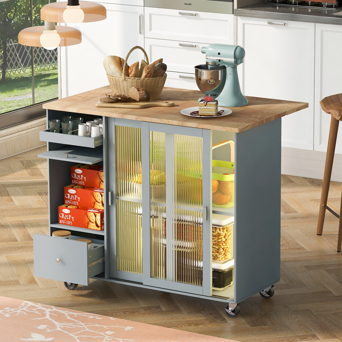 Kitchen Island with Drop Leaf, LED Light Kitchen Cart on Wheels with 2 Fluted Glass Doors and 1 Flip Cabinet Door, Large Kitchen Island Cart with an Adjustable Shelf and 2 Drawers (Grey Blue) WF311171AAG-djyc