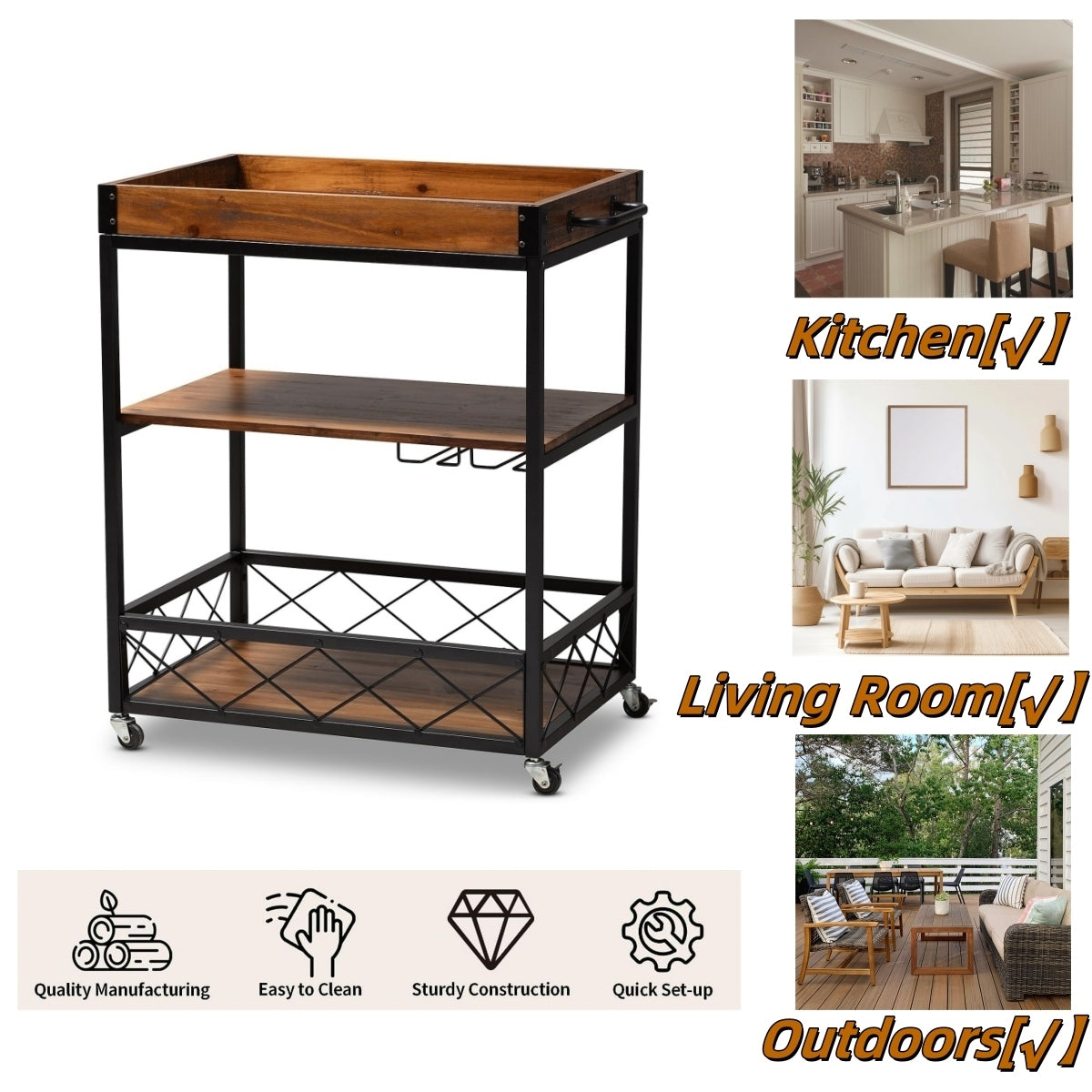 32.6'' Tall Industrial Style Rolling Kitchen Island Wine Cart with Black Finished, Fir Wood Mobile Metal Wine Bar Cart with Glass Rack, Oak Brown W2557P180163-djyc