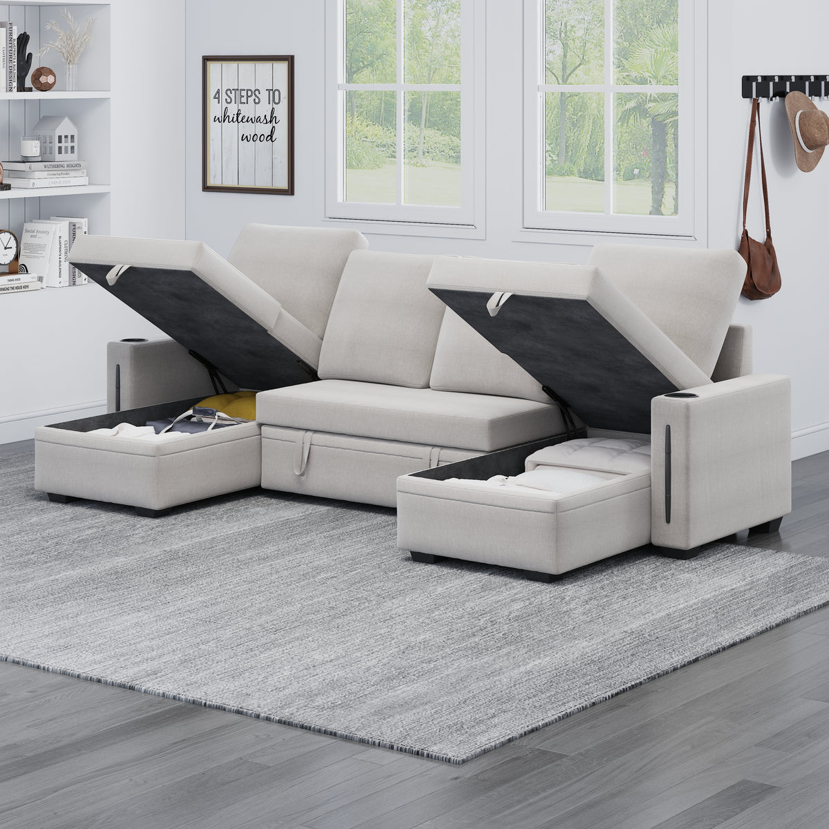 Sectional Sofa with Storage, 96" U Shaped Sectional Couches for Living Room, Comfy Convertible Sectional Sofa- Beige W1669S00007-djyc