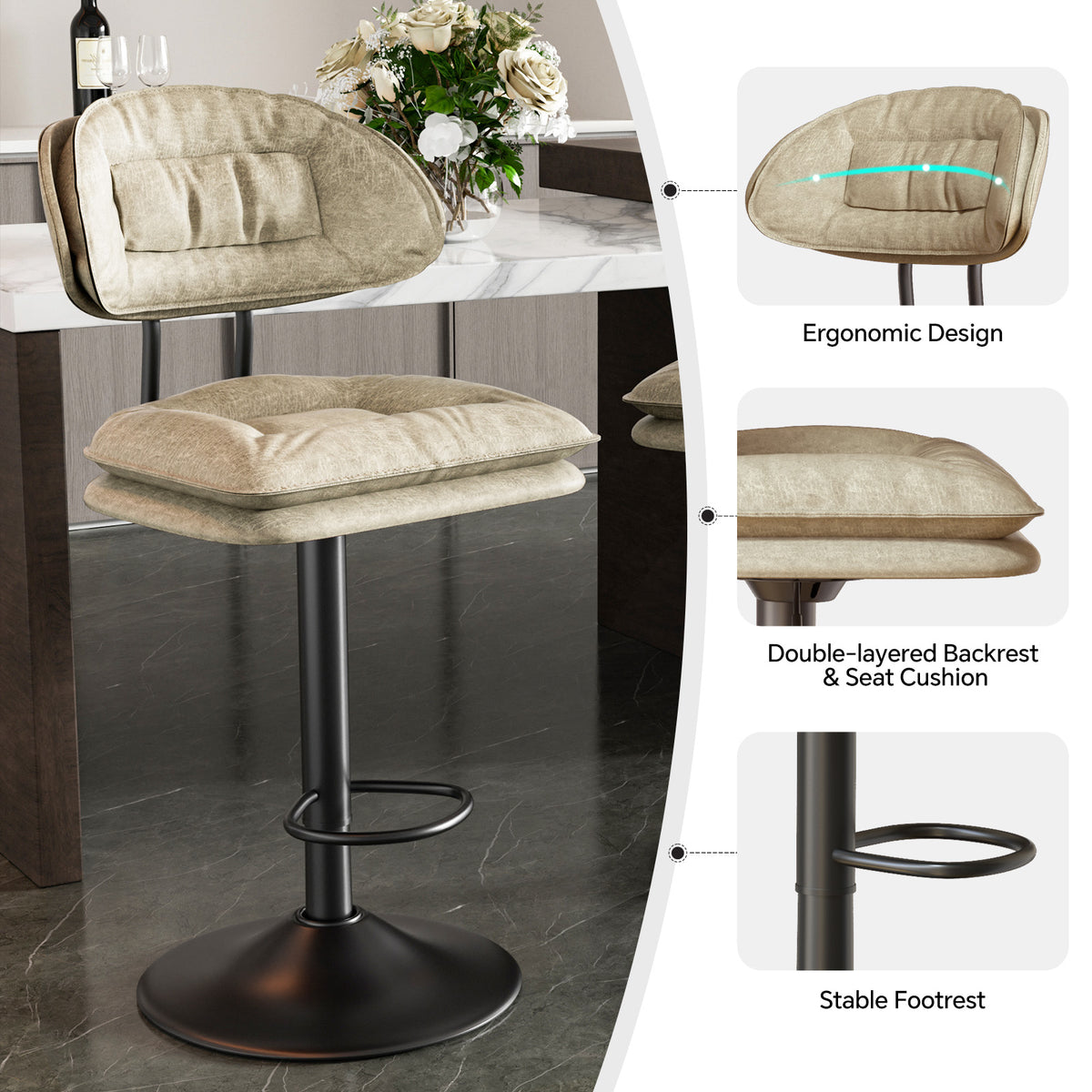 Modern Waterproof Bar Stool: Ergonomic Design & Dual-Layer Ultra-Soft Seat Cushion and Backrest FU01037-wz