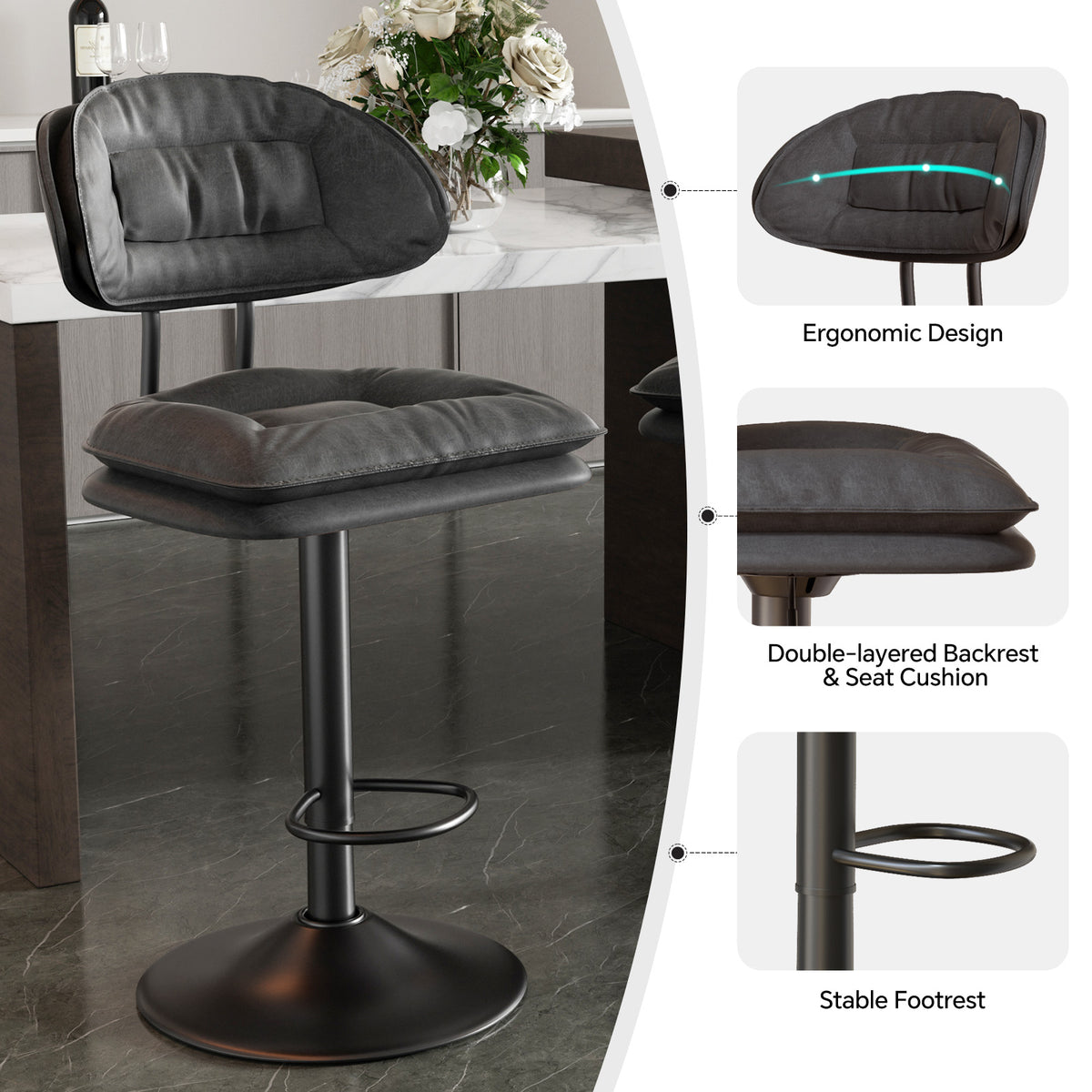 Modern Waterproof Bar Stool: Ergonomic Design & Dual-Layer Ultra-Soft Seat Cushion and Backrest FU01037-wz