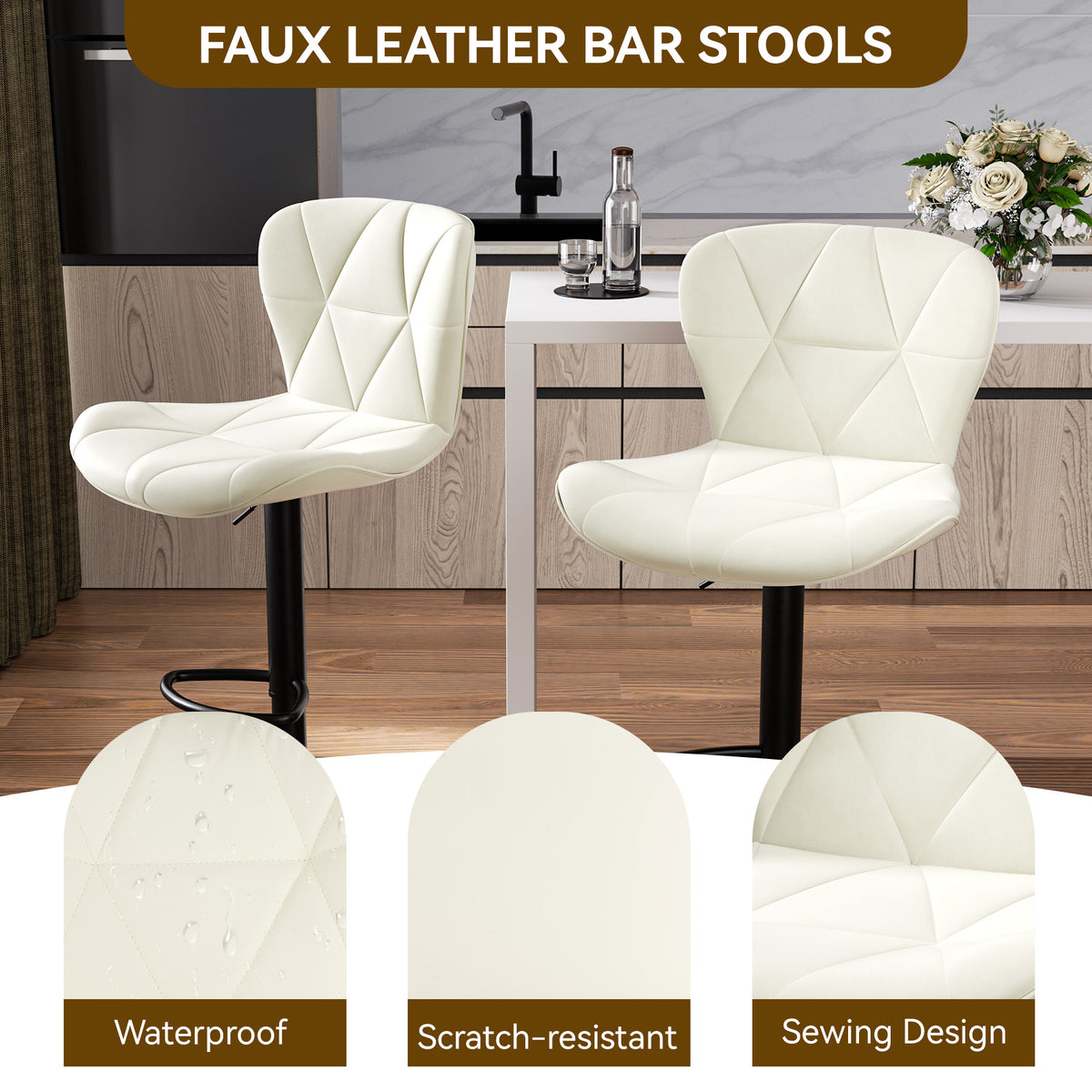 Modern Waterproof and Scratch-Resistant Bar Stool: Diamond-Shaped Leather Backrest & Exquisite Hand-Stitching FU01034-wz