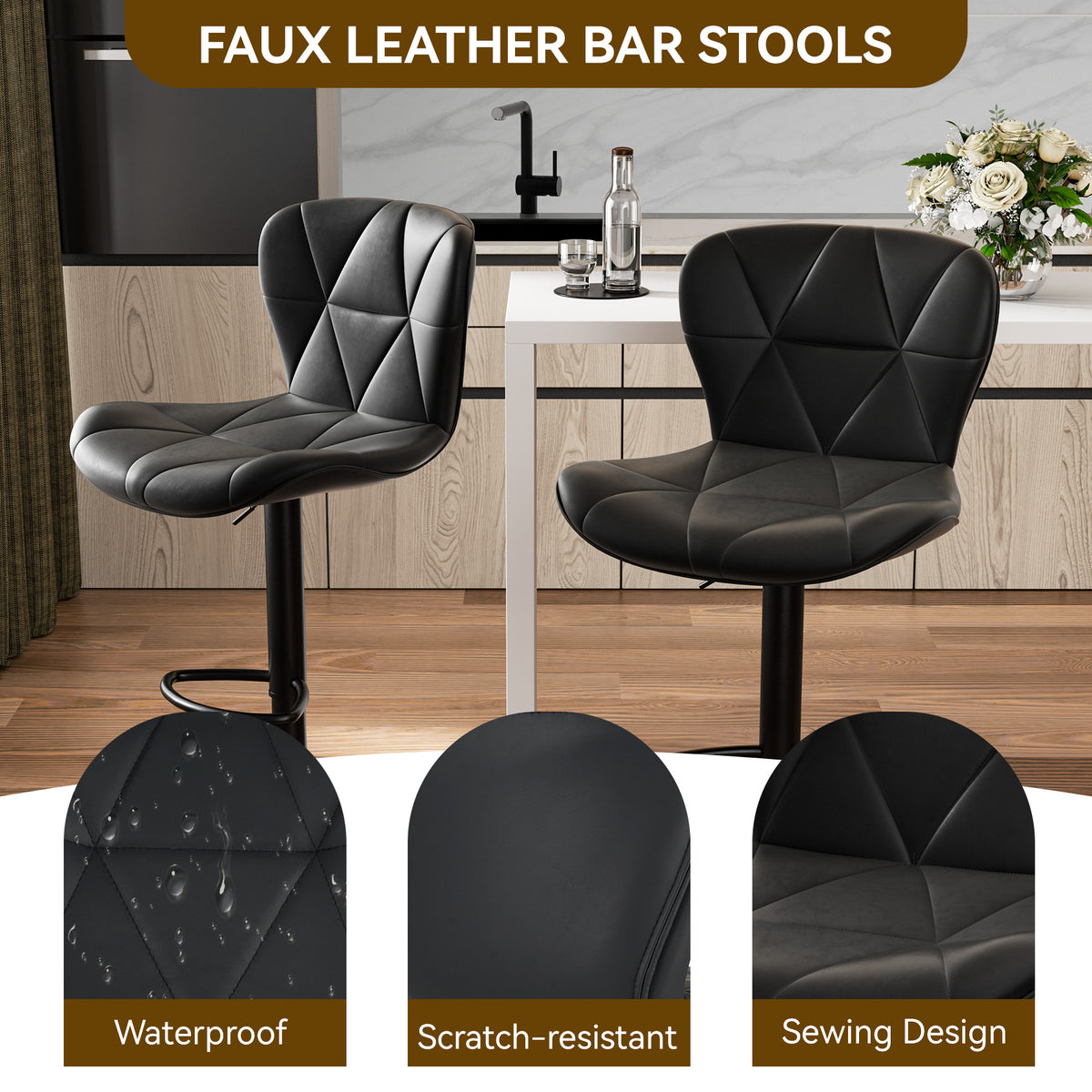 Modern Waterproof and Scratch-Resistant Bar Stool: Diamond-Shaped Leather Backrest & Exquisite Hand-Stitching FU01034-wz