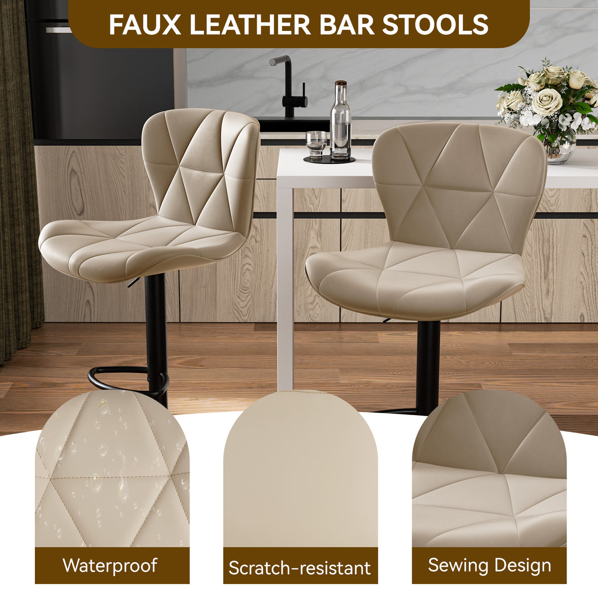 Modern Waterproof and Scratch-Resistant Bar Stool: Diamond-Shaped Leather Backrest & Exquisite Hand-Stitching FU01034-wz