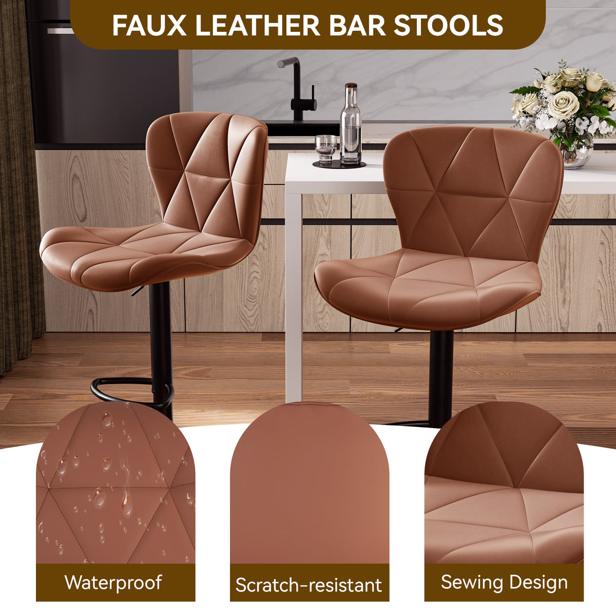 Modern Waterproof and Scratch-Resistant Bar Stool: Diamond-Shaped Leather Backrest & Exquisite Hand-Stitching FU01034-wz