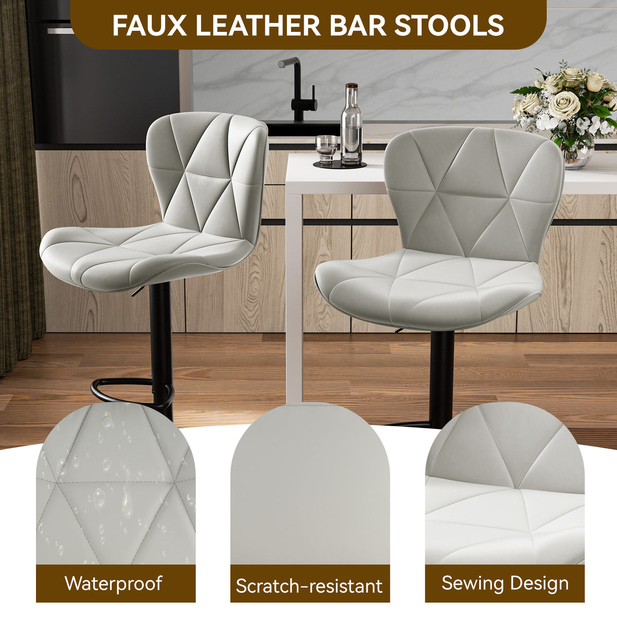 Modern Waterproof and Scratch-Resistant Bar Stool: Diamond-Shaped Leather Backrest & Exquisite Hand-Stitching FU01034-wz