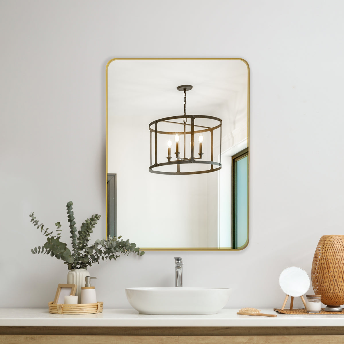 Wall Mirror 24x36 Inch Golden Rectangular Mirror Metal Framed Mirror Vanity Mirror Dressing Mirror, for Bathroom, Living Room, Bedroom Wall Decor W1435P151591-djyc