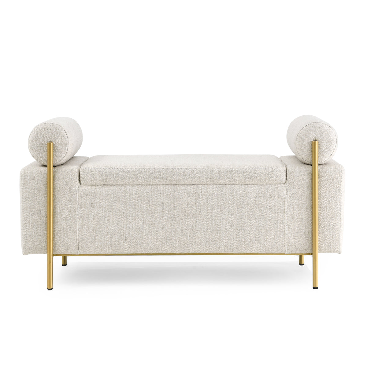 Elegant Upholstered Linen Storage Bench with Cylindrical Arms and Iron Legs for Hallway Living Room Bedroom, Beige W487128011-djyc