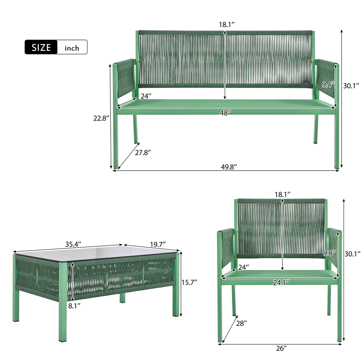 K&K 4-Piece Rope Patio Furniture Set, Outdoor Furniture with Tempered Glass Table, Patio Conversation Set Deep Seating with Thick Cushion for Backyard Porch Balcony (Fluorescent Yellow & Green) SK000003AAE-djyc