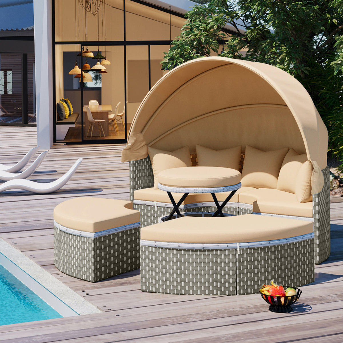 TOPMAX Patio Furniture Round Outdoor Sectional Sofa Set Rattan Daybed Two-Tone Weave Sunbed with Retractable Canopy, Separate Seating and Removable Cushion, Light Coffee SP100023AAC-djyc