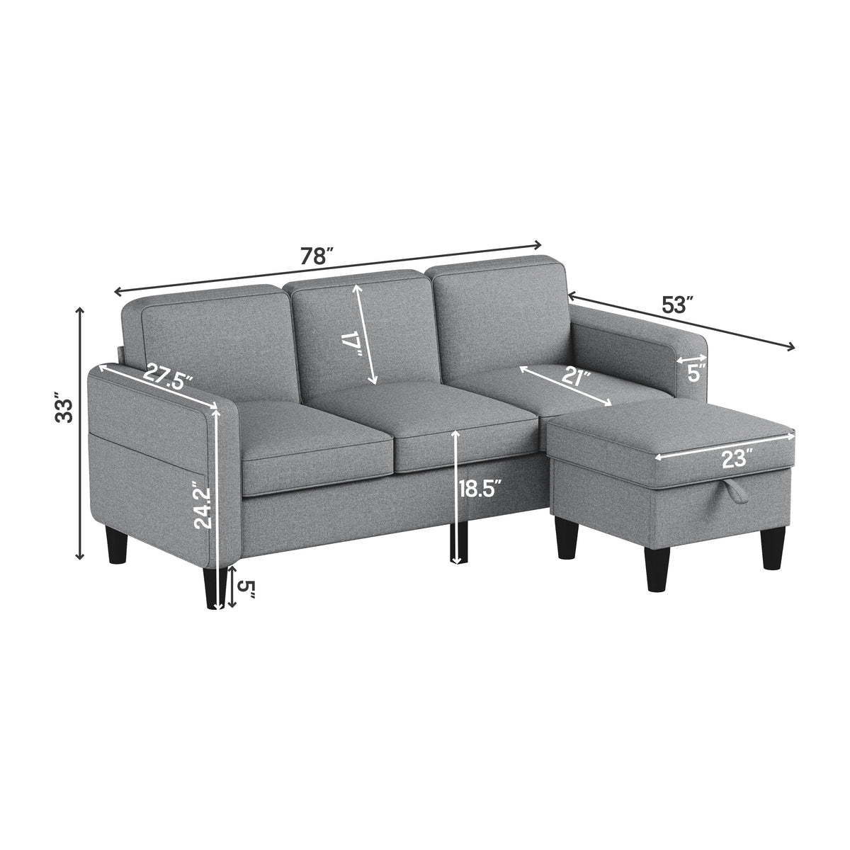 Sofas for families, apartments, dorms, bonus rooms, compact Spaces with lounge lounges, 3 seater, L-shaped design for the chaise, 680 LBS capacity - light grey W1793138512-djyc