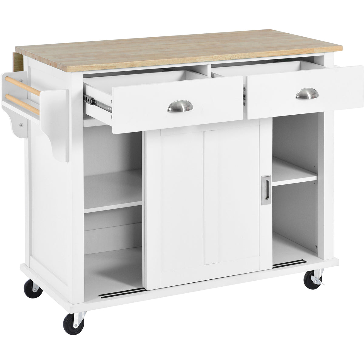 Kitchen Cart with Rubber wood Drop-Leaf Countertop, Concealed sliding barn door adjustable height,Kitchen Island on 4 Wheels with Storage Cabinet and 2 Drawers,L52.2xW30.5xH36.6 inch, White SK000001AAW-djyc