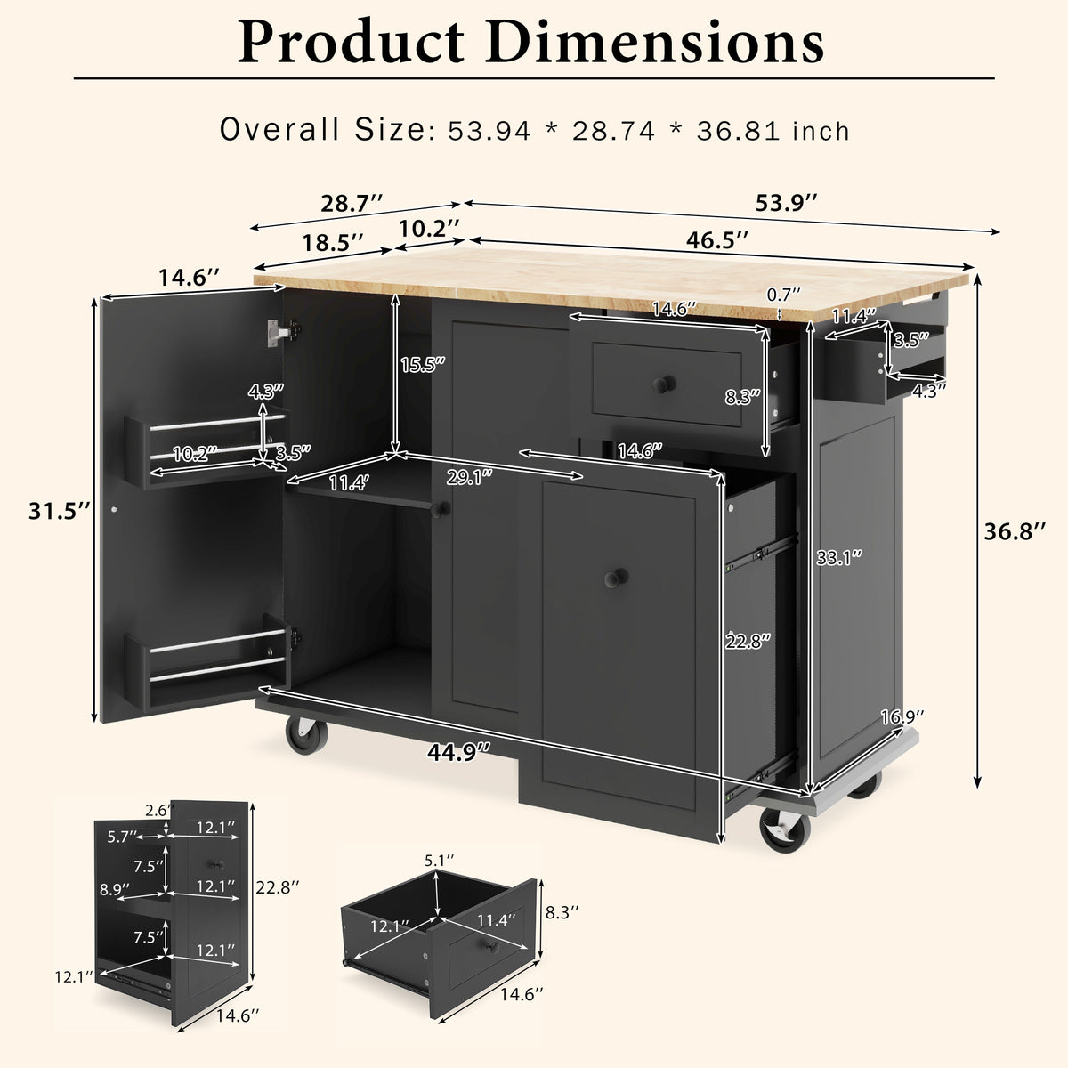 Kitchen Island with Drop Leaf, 53.9" Width Rolling Kitchen Cart on Wheels with Internal Storage Rack and 3 Tier Pull Out Cabinet Organizer, Kitchen Storage Cart with Spice Rack, Towel Rack (Black) WF312383AAB-djyc