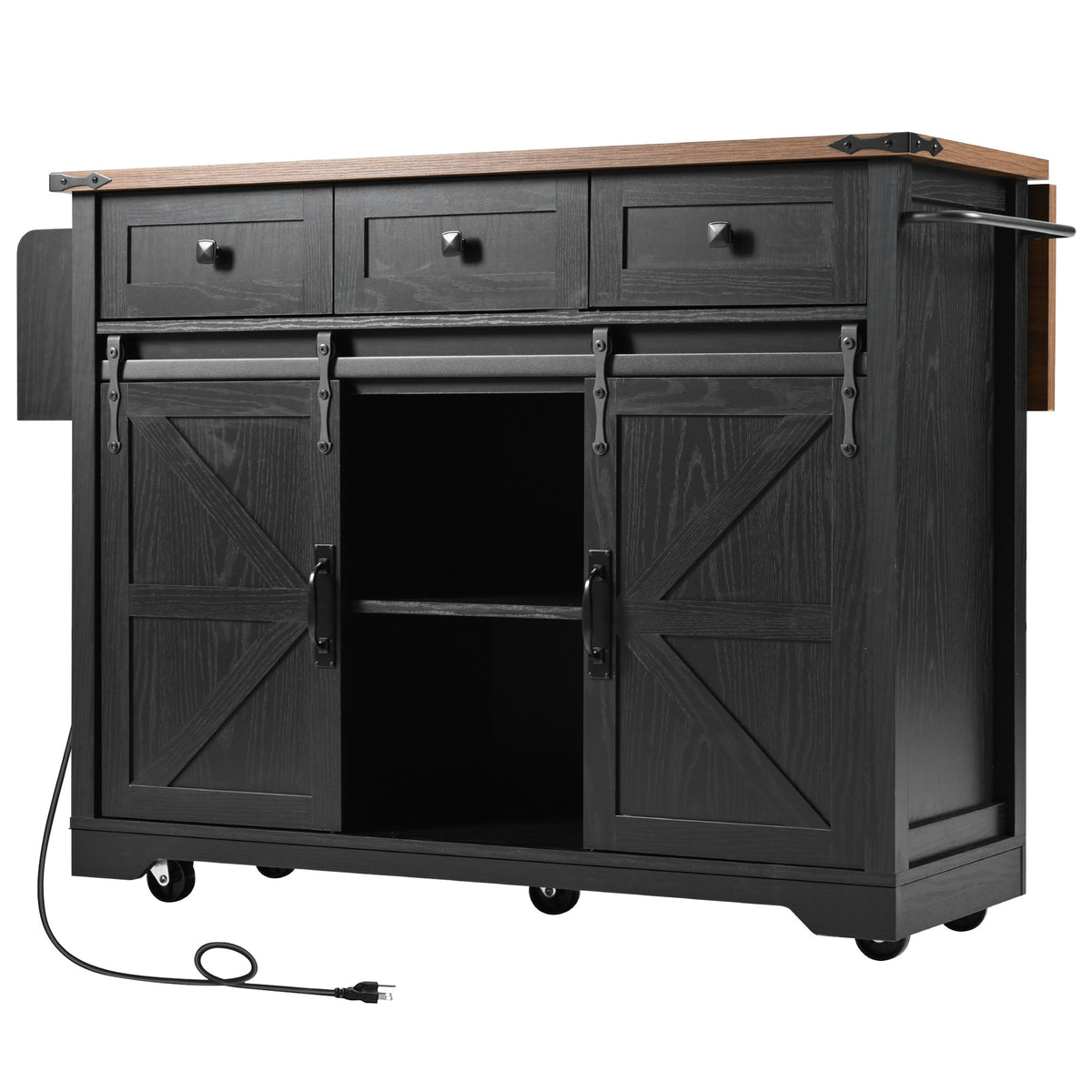 K&K 53.7" Farmhouse Kitchen Island with Power Outlet, 2 Sliding Barn Door Kitchen Storage Island with Drop Leaf, Spice Rack Rolling Kitchen Cart on Wheels, for Home, Kitchen and Dining Room, Black N707P170347B-djyc