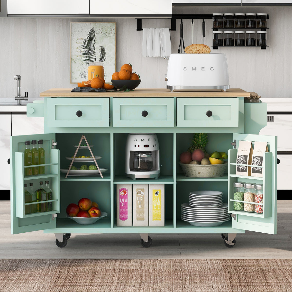 Kitchen Cart with Rubber wood Drop-Leaf Countertop ,Cabinet door internal storage racks,Kitchen Island on 5 Wheels with Storage Cabinet and 3 Drawers for Dinning Room, Mint Green WF298028AAE-djyc