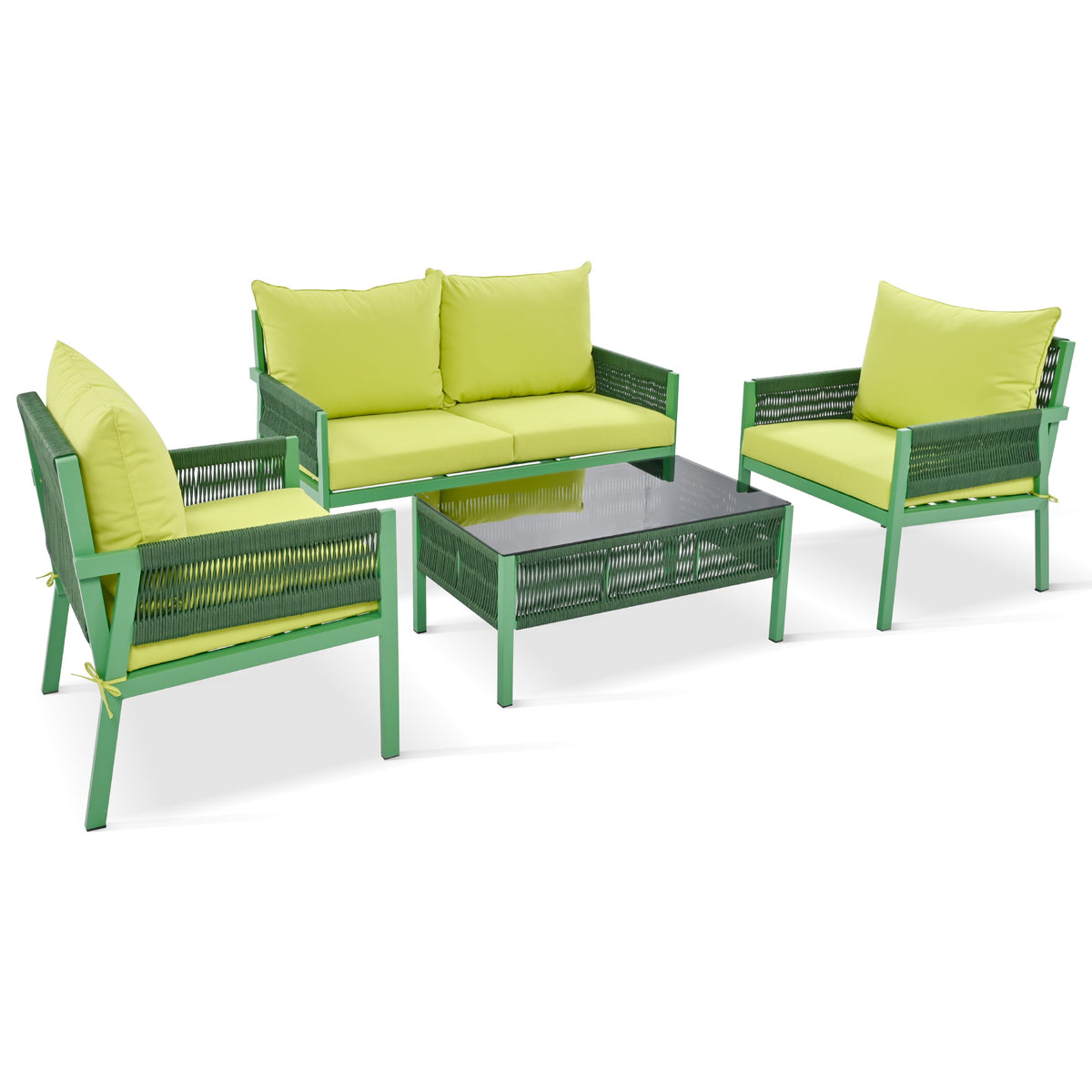 K&K 4-Piece Rope Patio Furniture Set, Outdoor Furniture with Tempered Glass Table, Patio Conversation Set Deep Seating with Thick Cushion for Backyard Porch Balcony (Fluorescent Yellow & Green) SK000003AAE-djyc