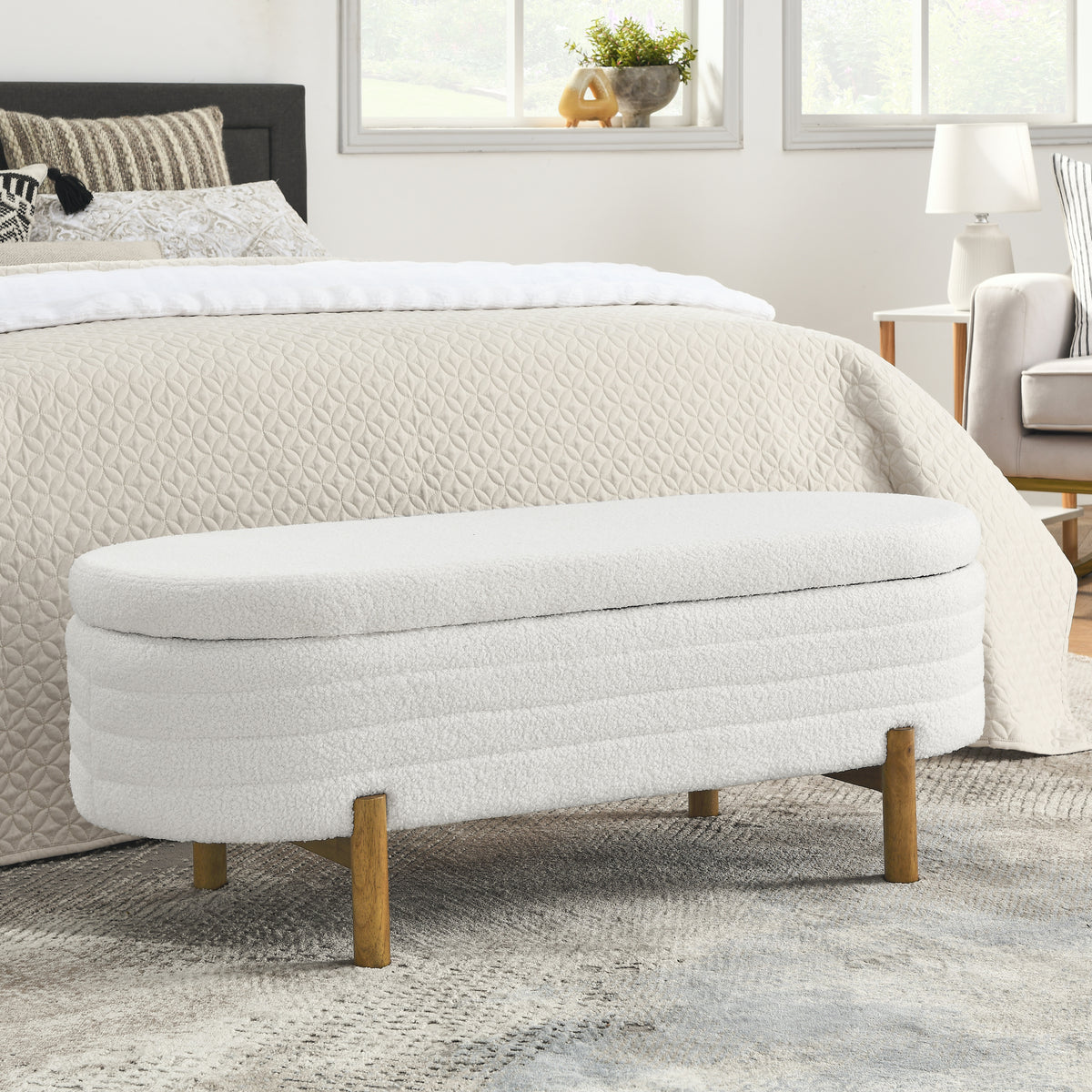 Ottoman Oval Storage Bench,Rubber Wood Leg,Beige(46."x17.7"x10.8") W487P178759-djyc