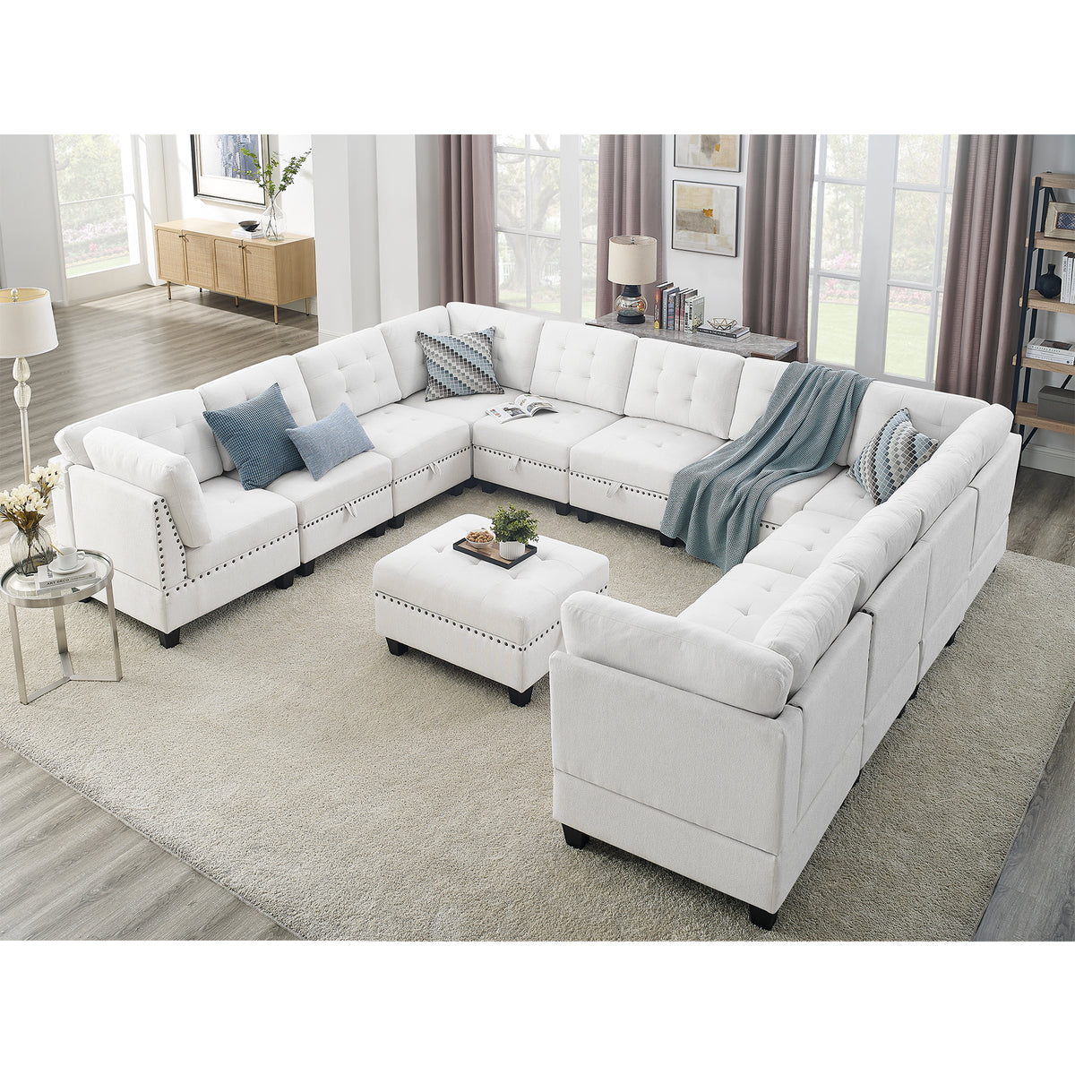 U shape Modular Sectional Sofa,DIY Combination,includes Seven Single Chair, Four Corner and One Ottoman,Ivory W487S00198-djyc