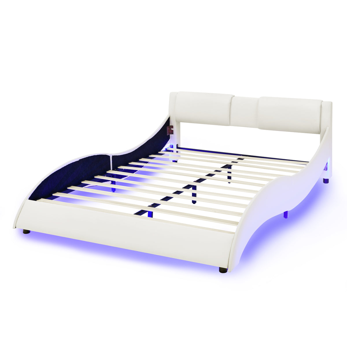 Queen Led Bed Frame Modern Faux Leather Upholstered Platform Bed Frame with RGB LED Lights and Headboard Wave Like Curve Low Profile Bed Frame,Wood Slats Support,Easy Assembly, White W487P169715-djyc