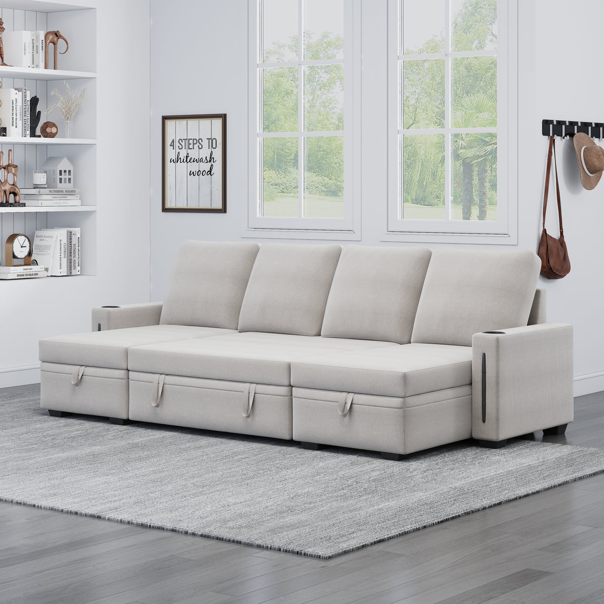 Sectional Sofa with Storage, 96" U Shaped Sectional Couches for Living Room, Comfy Convertible Sectional Sofa- Beige W1669S00007-djyc