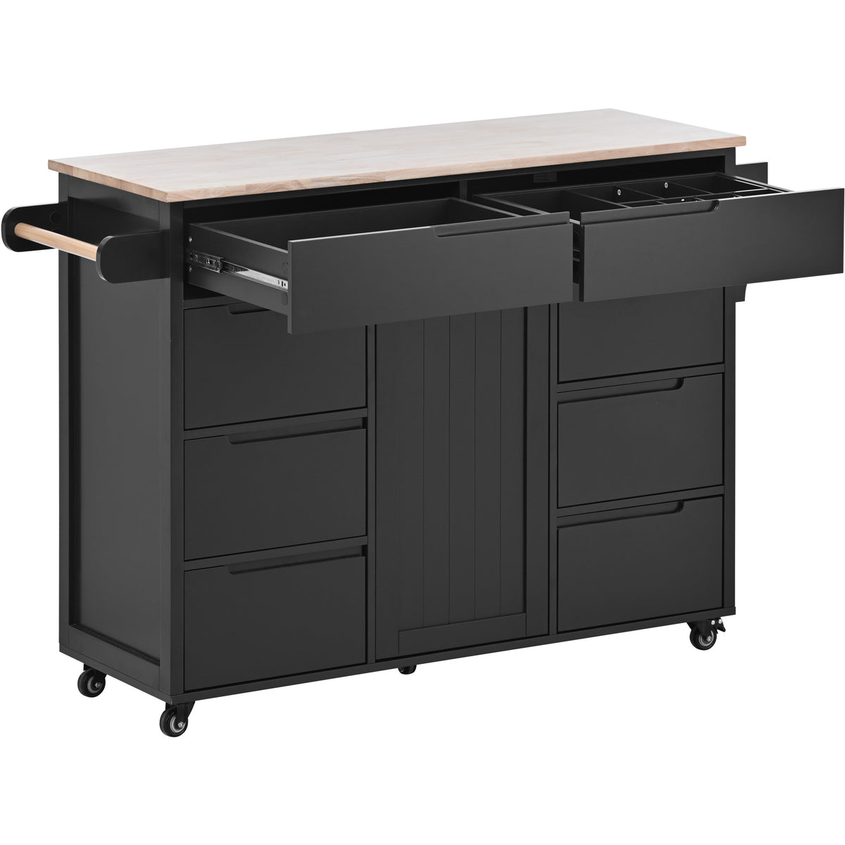 K&K Store Kitchen Cart with Rubber Wood Countertop , Kitchen Island has 8 Handle-Free Drawers Including a Flatware Organizer and 5 Wheels for Kitchen Dinning Room, Black SK000002AAB-djyc