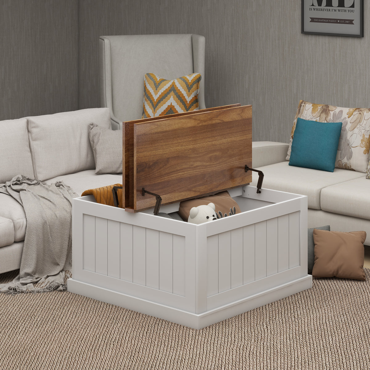 31.5" Farmhouse Coffee Table, Square Wood Center Table with Hinged Lift Top, Rustic Cocktail Table with Large Hidden Storage Compartmen for Living Room-White W282P160415-djyc