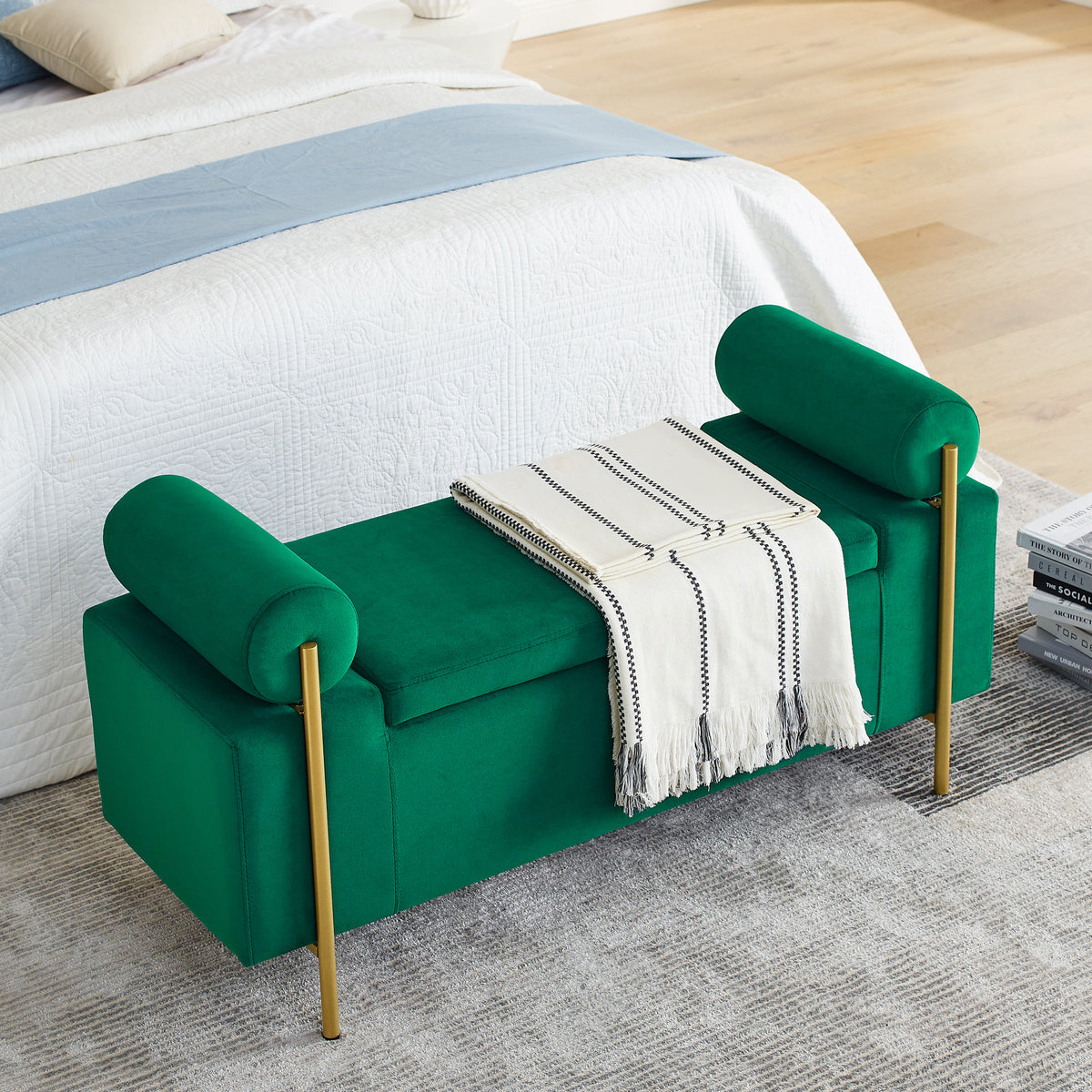 Elegant Upholstered Velvet Storage Bench with Cylindrical Arms and Iron Legs for Hallway Living Room Bedroom, Green W487128012-djyc