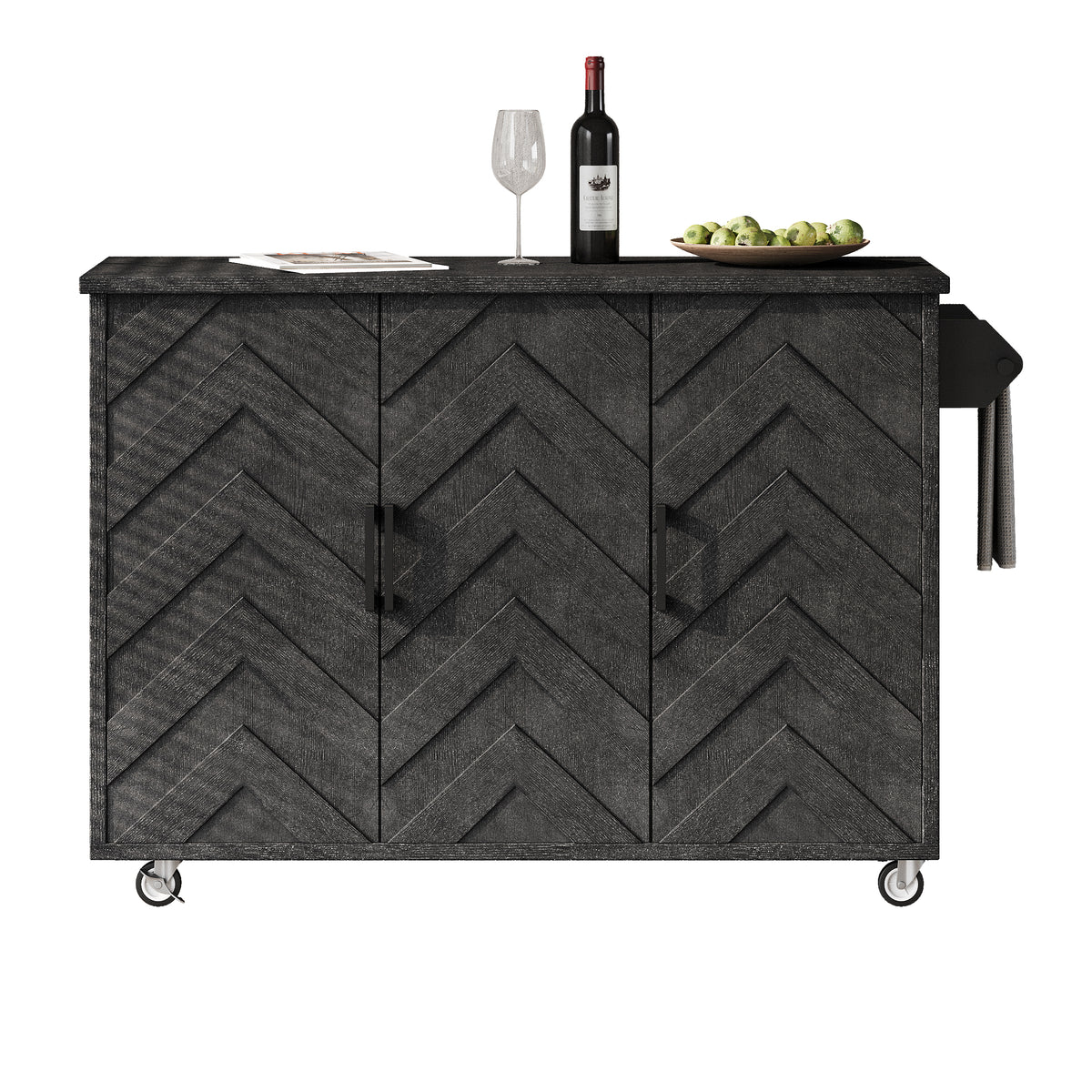 K&K 51.2"W 3D Wave Stripes Ash Veneer (Not Cheap Paper) Kitchen Island with Drop Leaf, Farmhouse Kitchen Island on Wheels with Internal Storage Rack, Rolling Kitchen Cart(Black) N707P207915B-djyc