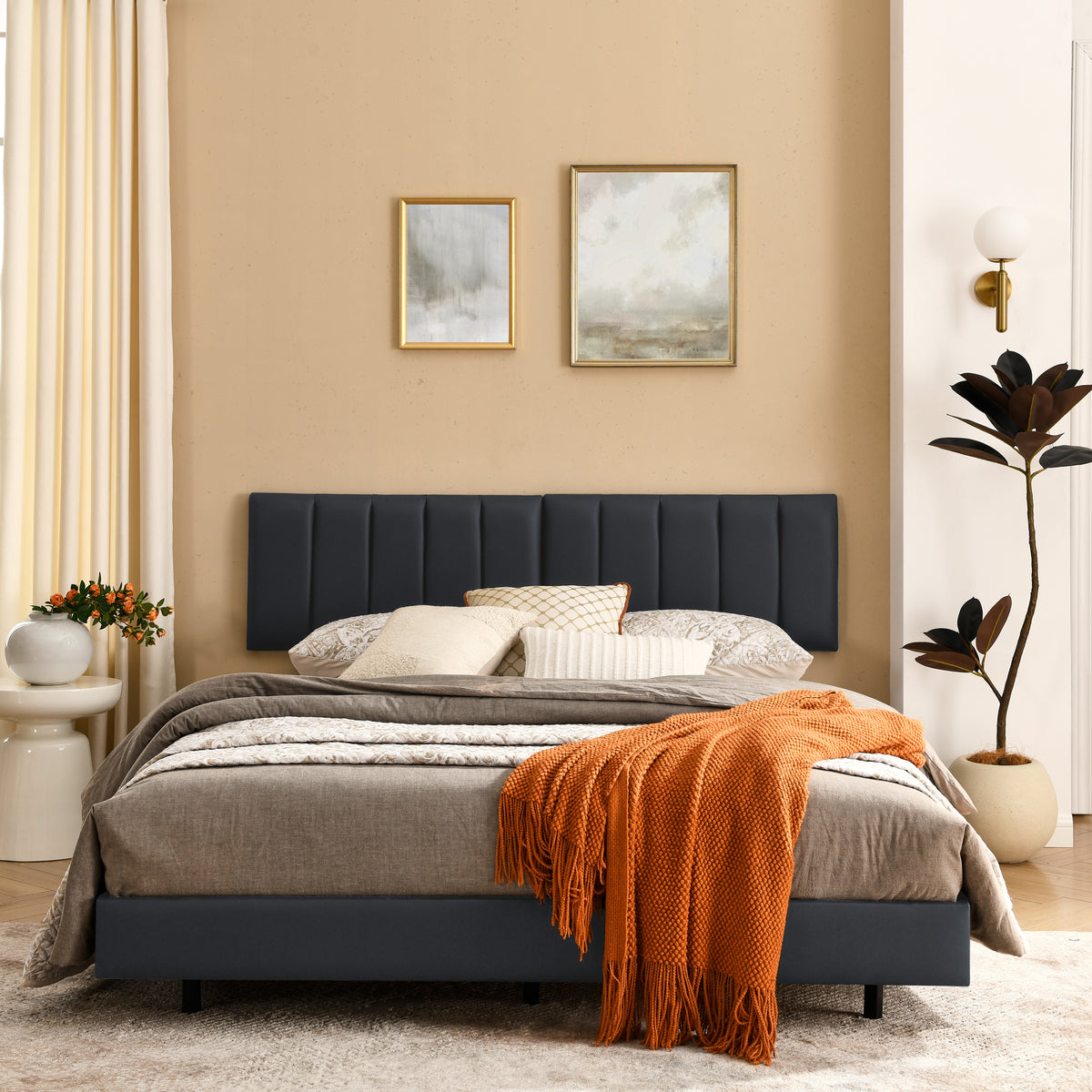 Queen Floating Bed Frame with Wall Mounted Headboard Modern Low Profile Platform Bed Frame Queen Size Faux Leather Upholstered Platform Bed Frame,No Box Spring Needed,Black W487P169718-djyc