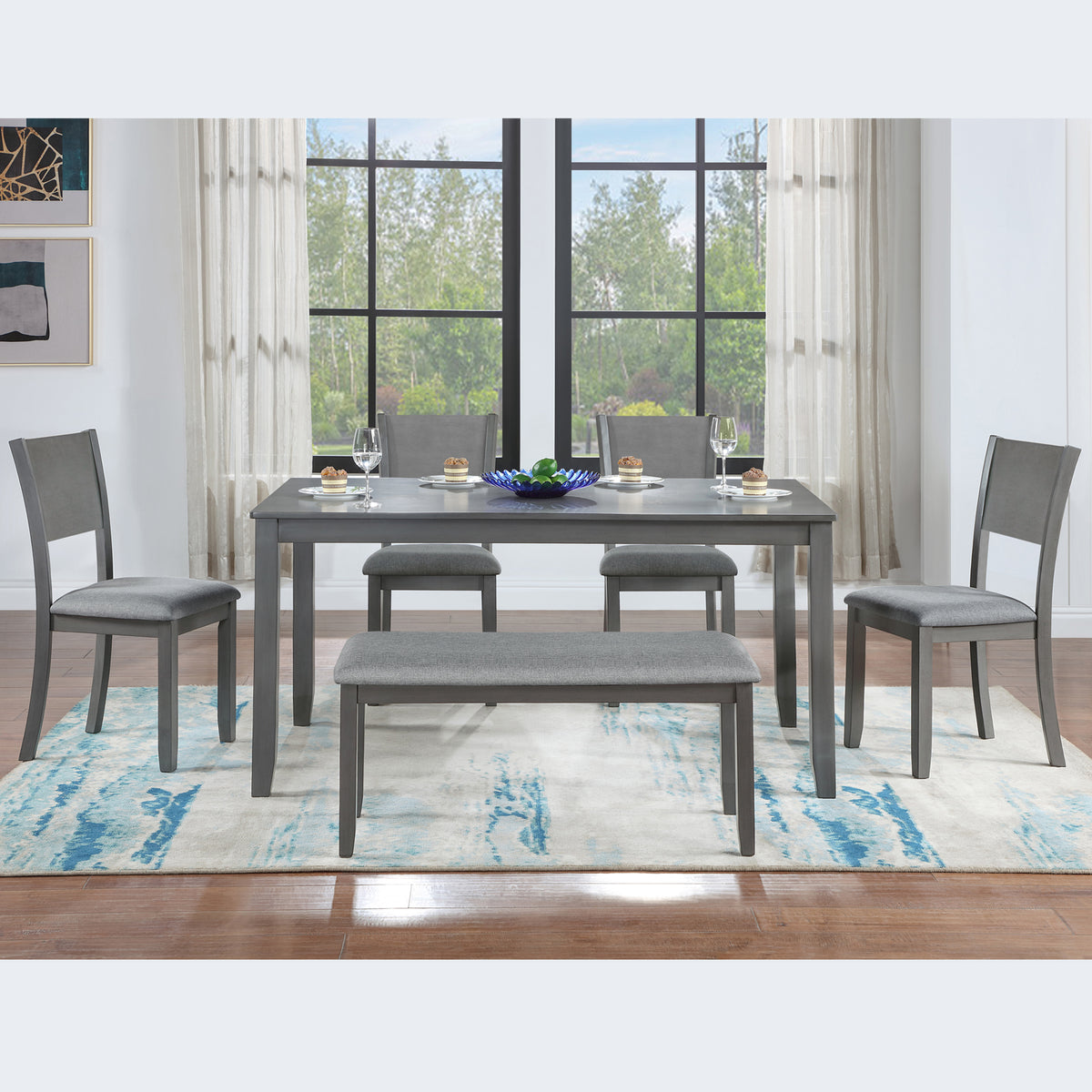 6 Piece Kitchen Dining Set, Rectangular Wooden Dining Table with 4 Upholstered Chairs and a Bench, Dining Table Set for 6 People, Living Room, Home Bar and Kitchen, Gray W1998S00054-djyc