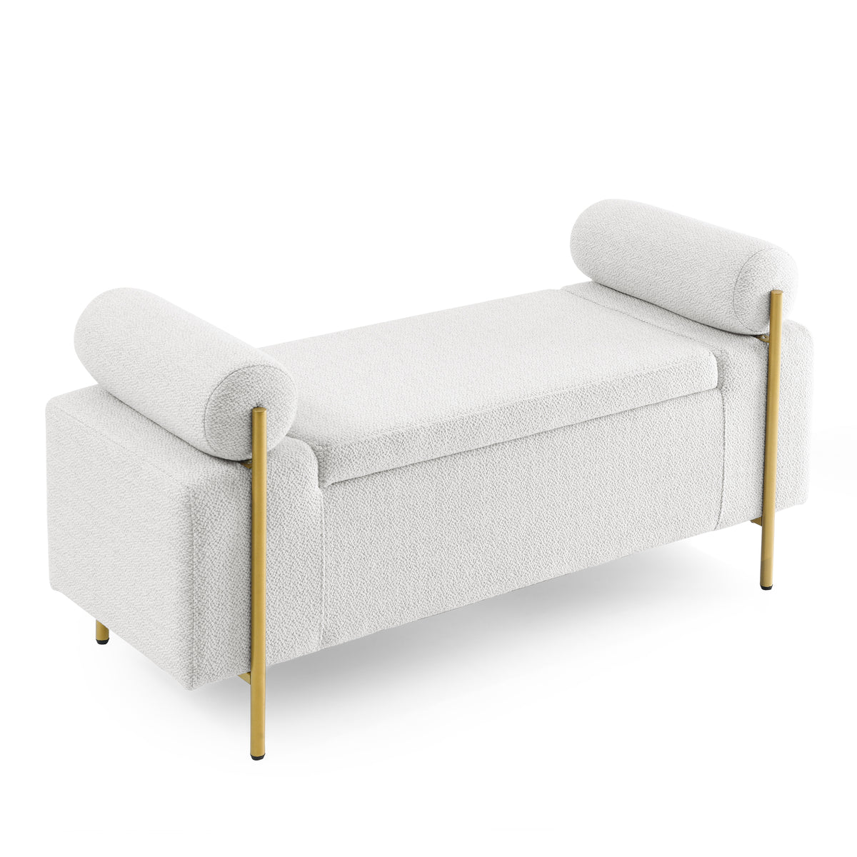 Elegant Upholstered Linen Storage Bench with Cylindrical Arms and Iron Legs for Hallway Living Room Bedroom, White W487128010-djyc