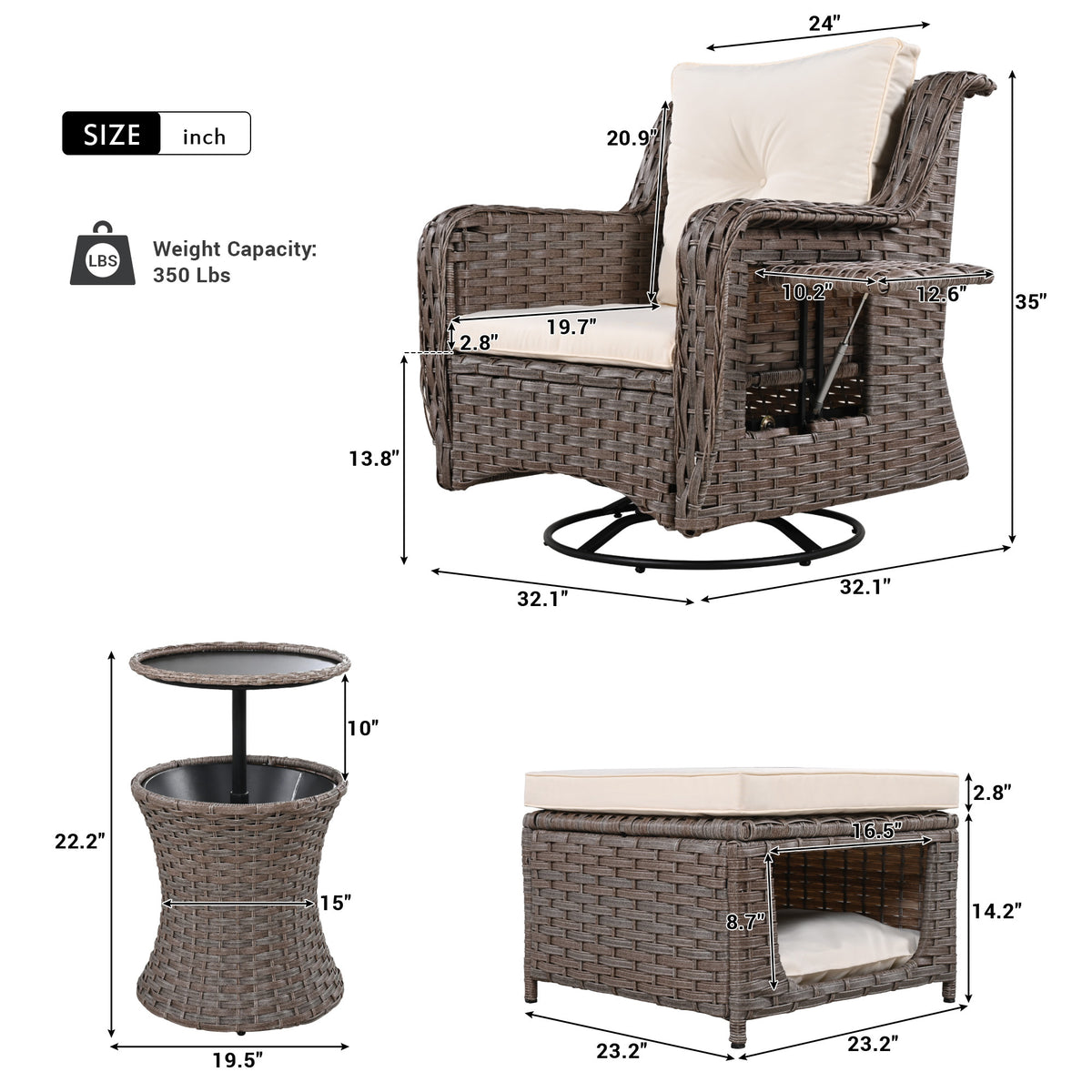 K&K 5 Pieces Outdoor Patio Furniture Set with Pet House Cool Bar and Retractable Side Tray, Rattan Wicker Patio Swivel Rocking Chairs Set of 2 with Ottomans for Backyard, Porch, Balcony, Beige SK000006AAA-djyc