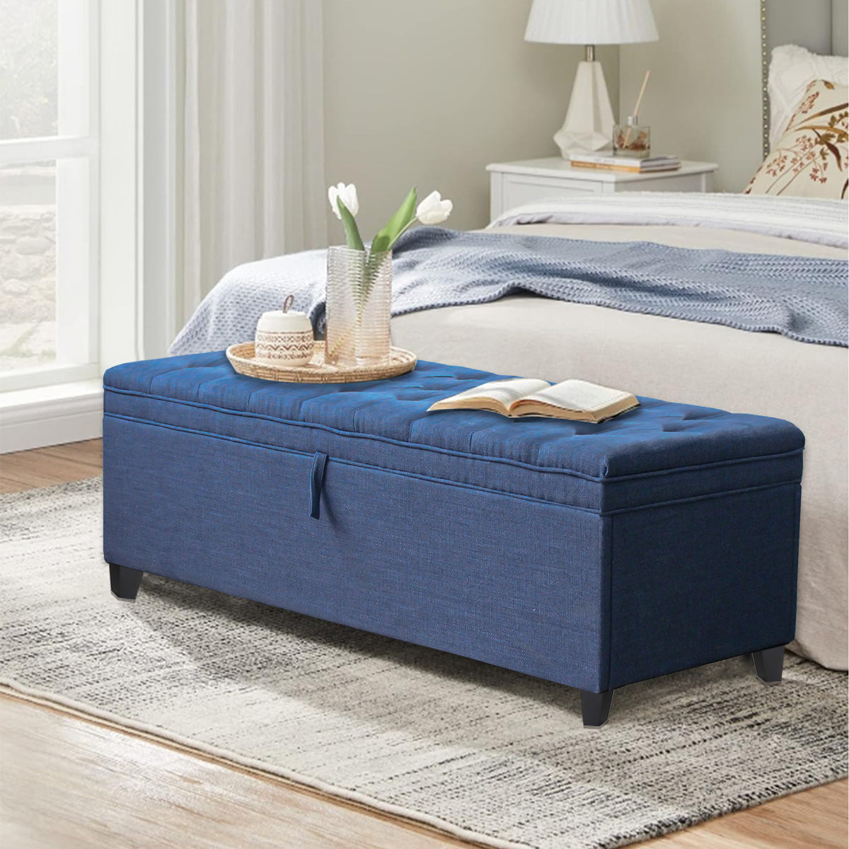 55.3 Inch Extra Long Storage Ottoman Entryway Bench with Flip Top Storage Chest with Padded Seat Bed End Stool for Hallway Living Room Bedroom, Blue Linen W1435P163386-djyc