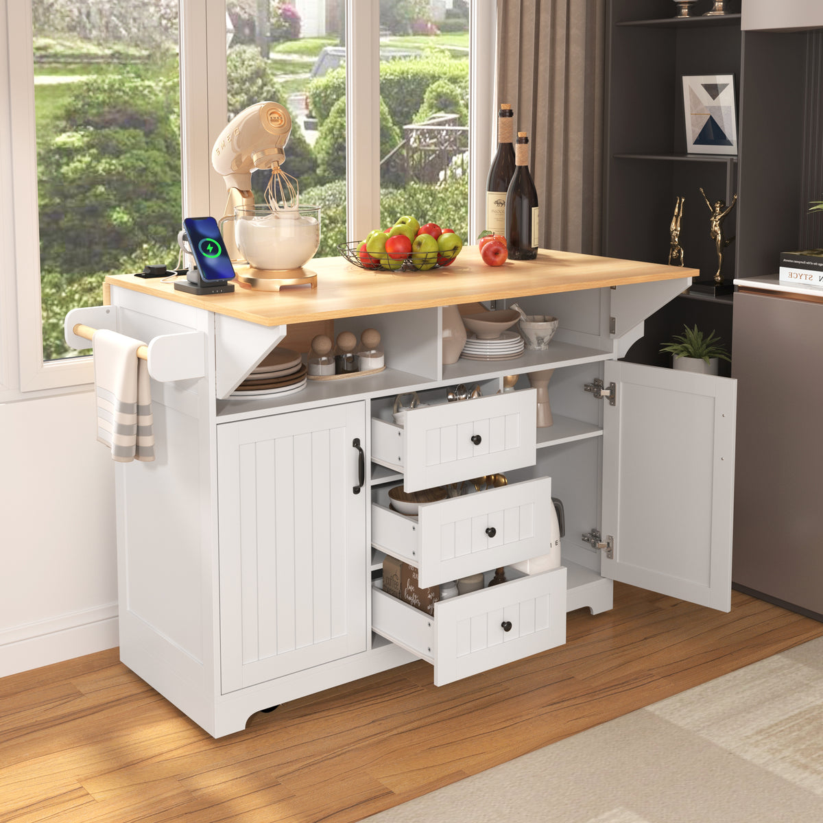 K&K 55.7'' Large Kitchen Island with 2 Drop Leaf,, Rolling Kitchen Cart on 5 Wheels with Power Outlet, Folding Storage Dining Table with Spice & Towel Rack , 3 Drawers, for Kitchen, Dining Room,White N707P186617W-djyc