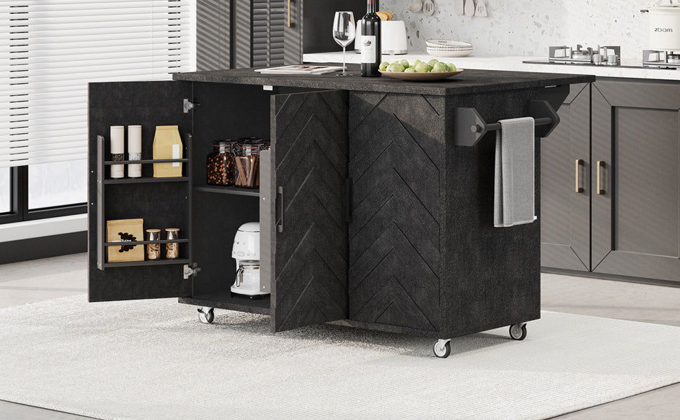 K&K 51.2"W 3D Wave Stripes Ash Veneer (Not Cheap Paper) Kitchen Island with Drop Leaf, Farmhouse Kitchen Island on Wheels with Internal Storage Rack, Rolling Kitchen Cart(Black) N707P207915B-djyc