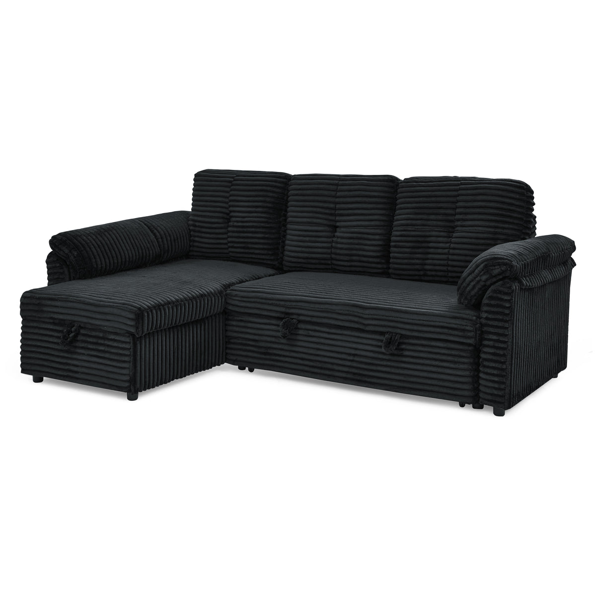 Corduroy Tufted Upholstered Sleeper Sectional Sofa, L-Shaped Modular Convertible Sofa with Reversible Storage Chaise, Pull Out Sleep Couch Bed and Reclining Backrest Perfect for Living Space, Black W487S00227-djyc