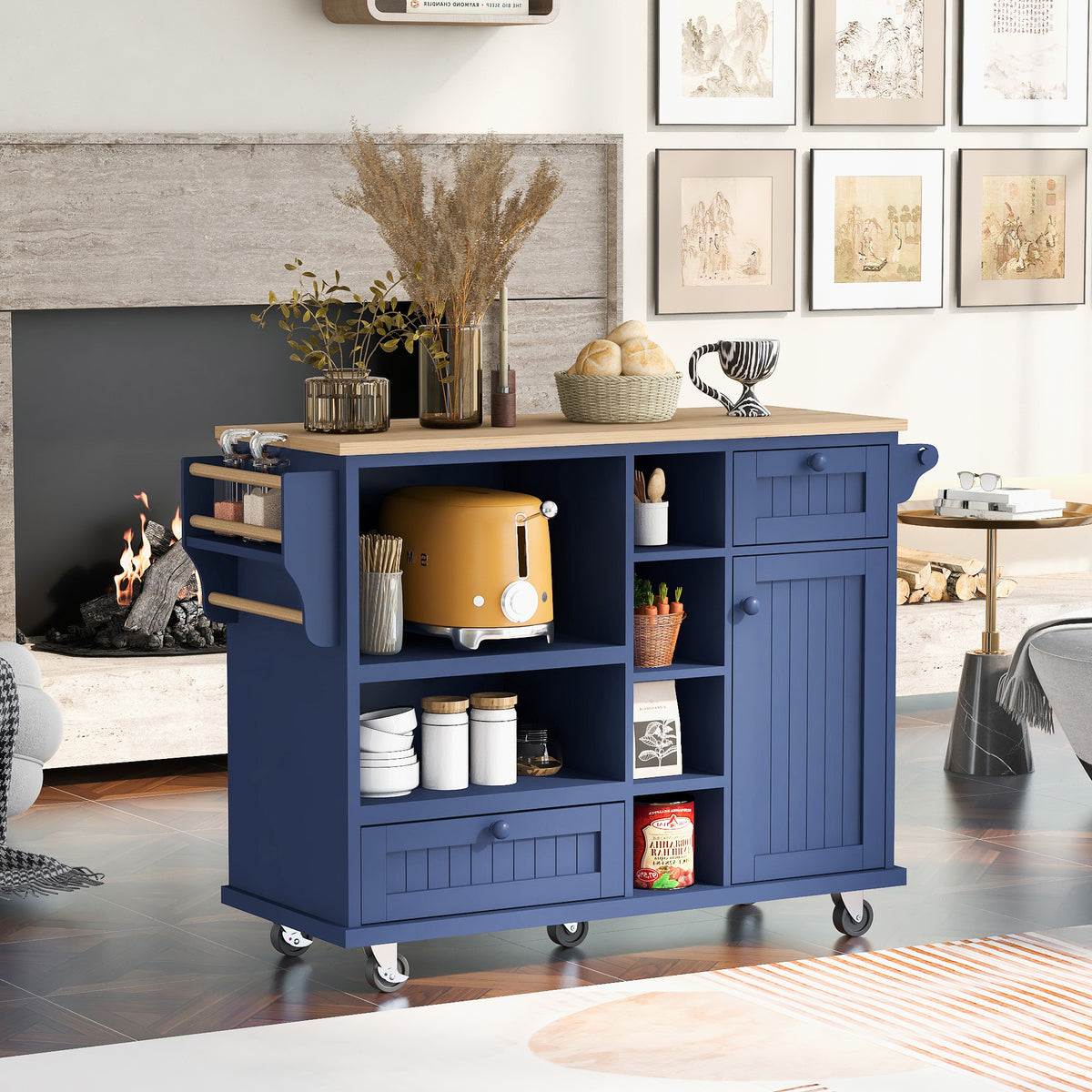 Kitchen Island Cart with Storage Cabinet and Two Locking Wheels,Solid wood desktop,Microwave cabinet,Floor Standing Buffet Server Sideboard for Kitchen Room,Dining Room,, Bathroom(Dark blue) WF296670AAN-djyc