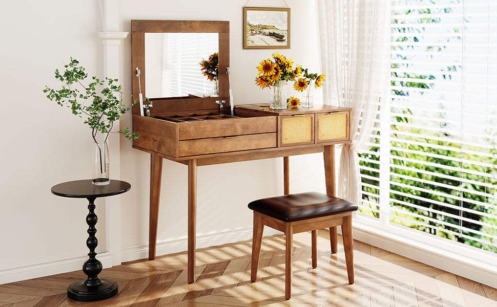 43.3" Classic Wood Makeup Vanity Set with Flip-top Mirror and Stool, Dressing Table with Three Drawers and storage space, Brown N704P165645-djyc