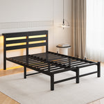 Full Size Metal Bed Frame with Wooden Headboard, RGB Lights, Outlets & Charger, Storage Shelf, Noise-Free, No Box Spring Needed W840P209906-djyc