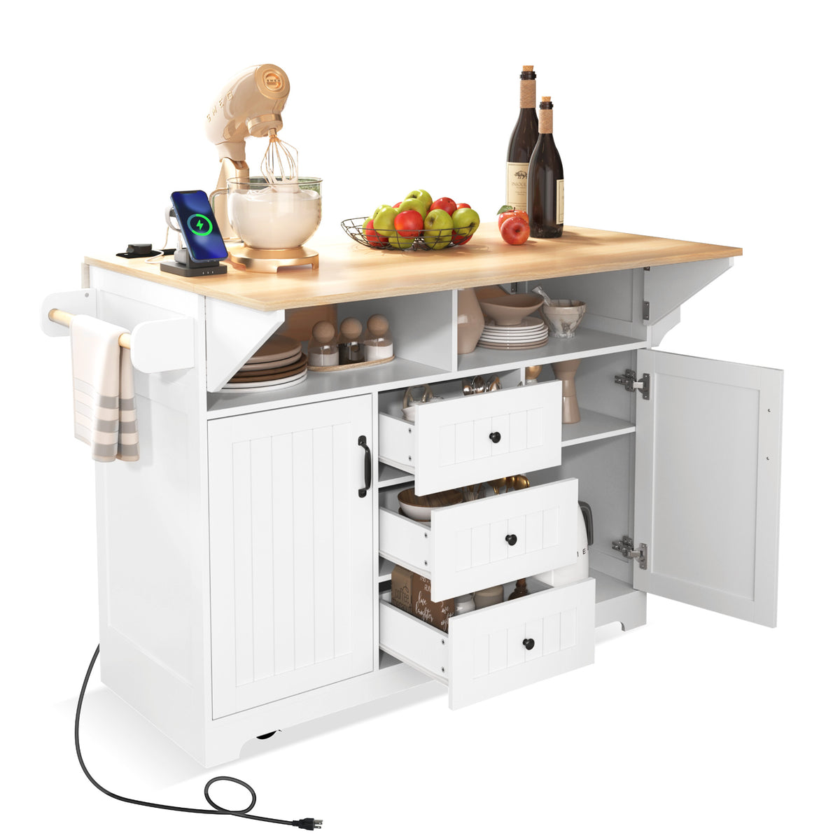 K&K 55.7'' Large Kitchen Island with 2 Drop Leaf,, Rolling Kitchen Cart on 5 Wheels with Power Outlet, Folding Storage Dining Table with Spice & Towel Rack , 3 Drawers, for Kitchen, Dining Room,White N707P186617W-djyc