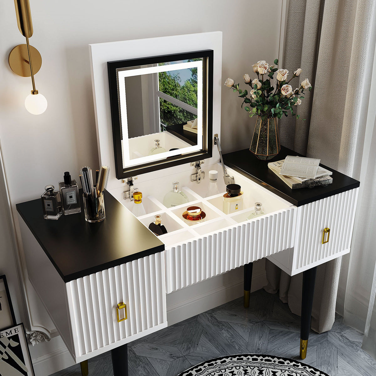 43.3" Modern Vanity Table Set with Flip-top Mirror and LED Light, Dressing Table with Customizable Storage, White and Black WF305842AAA-djyc