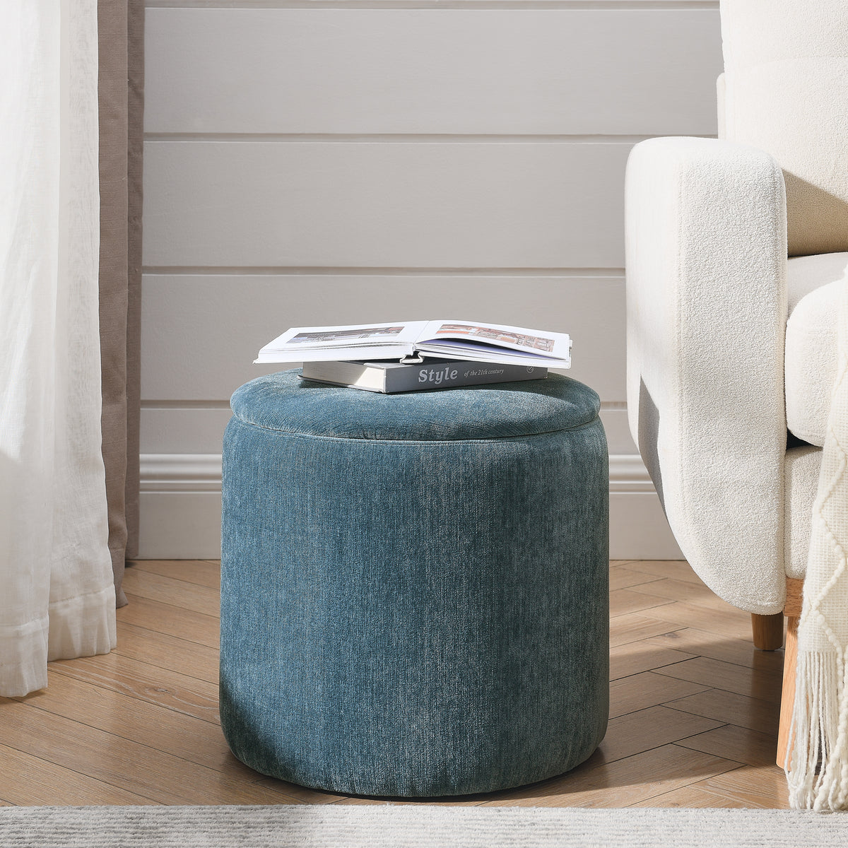 2-Piece Set Round Chenille Storage Ottoman, Equipped with a Drum Shaped Small Stool, Storage Space, and MDF Made Desktop Panel (Dark Blue23.62"x23.62"x16.53") W487P179600-djyc