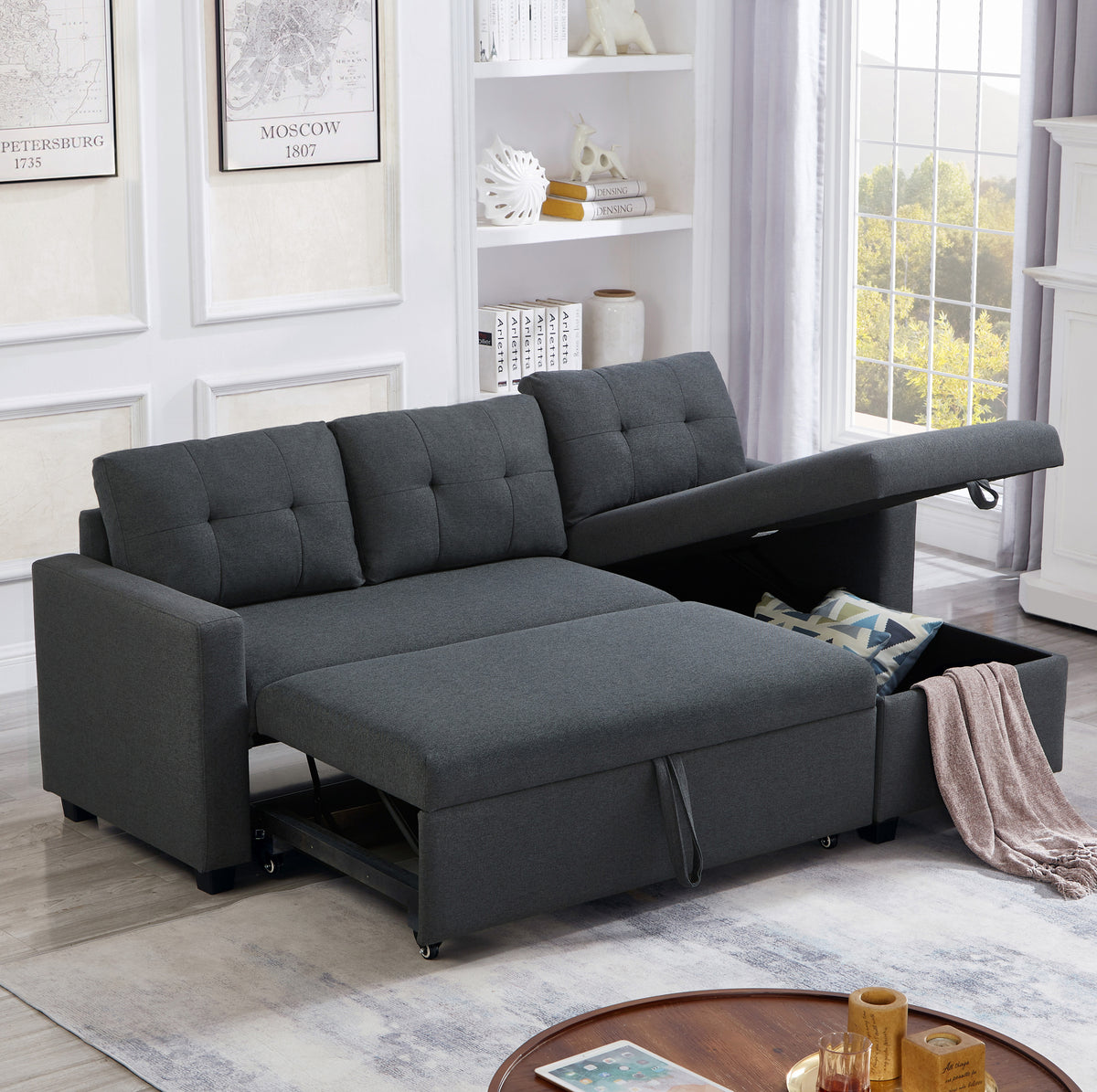 Upholstered Pull Out Sectional Sofa with Storage Chaise, Convertible Corner Couch, Dark Grey W2336S00012-djyc