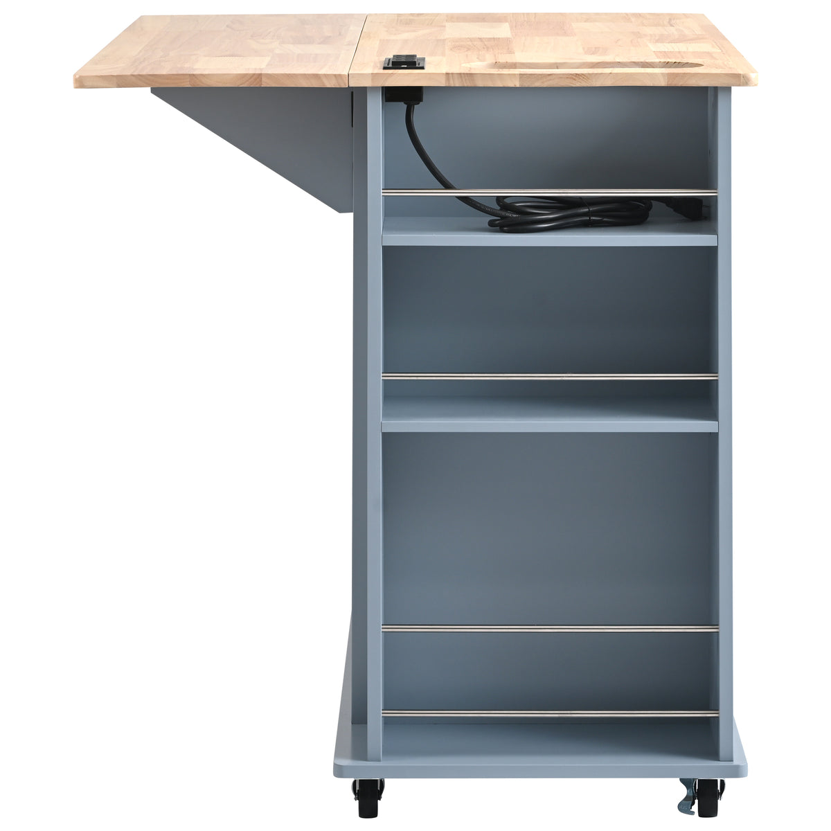 Kitchen Island with Power Outlet,Kitchen Storage Island with Drop Leaf and Rubber Wood,Open Storage and Wine Rack,5 Wheels,with Adjustable Storage for Home, Kitchen, and Dining Room, Grey Blue WF305556AAG-djyc