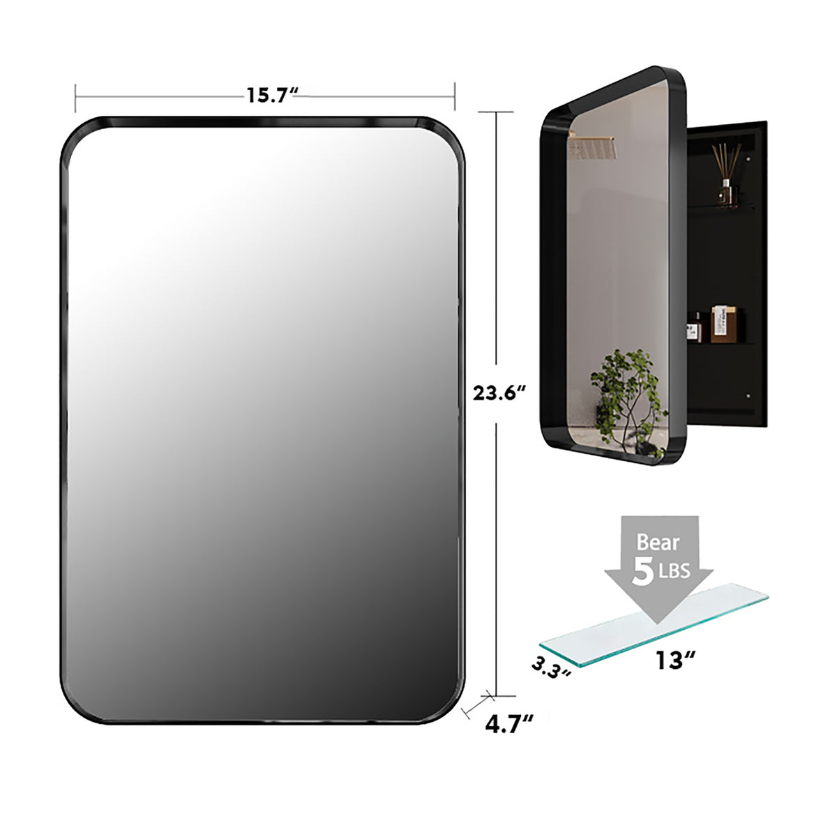 16x24 Inch Recessed Black Metal Framed Medicine Cabinet with Mirror and Adjustable Shelves Black Wall Mirror with Storage for Bathroom W1435142927-djyc