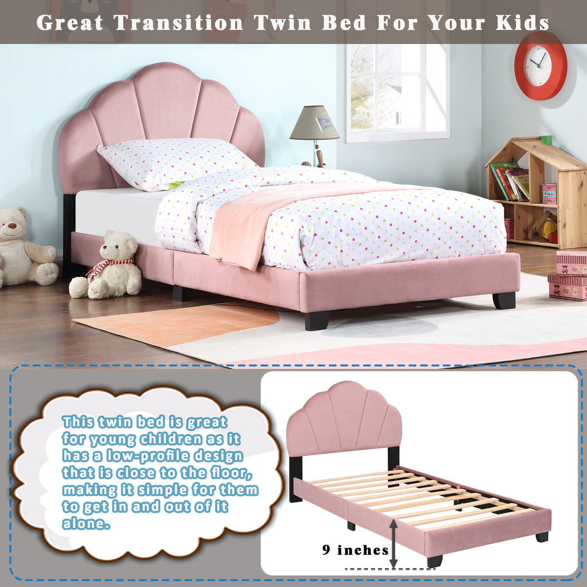 Upholstered Twin Size Platform Bed for Kids, Wooden Bed Frame with Slatted Bed Base, No Box Spring Needed, Cute Bed Frame with Shell Design Headboard for Girls Boys Teens, Pink W1998124486-djyc