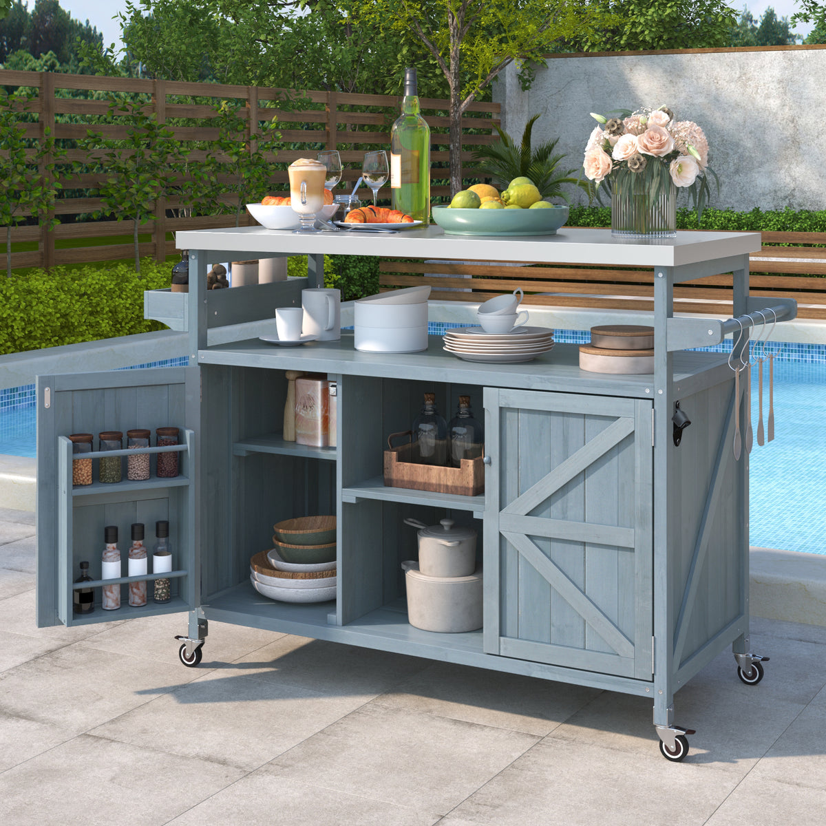 K&K Outdoor Kitchen Island, Rolling Bar Cart & Storage Cabinet, Farmhouse Solid Wood Outdoor Grill Table with Stainless Steel Top, Spice Rack , Towel Rack for Kitchen & BBQ , Grey Blue WF532198AAG-djyc