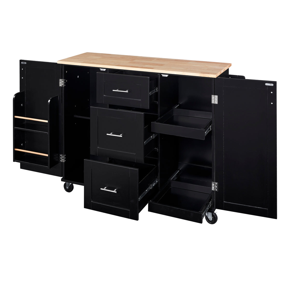 K&K Rolling Kitchen Island with Storage, Kitchen Cart with Rubber Wood Top, 3 Drawer, 2 Slide-Out Shelf and Internal Storage Rack, Kitchen Island on Wheels with Spice Rack & Tower Rack, Black WF316599AAB-djyc