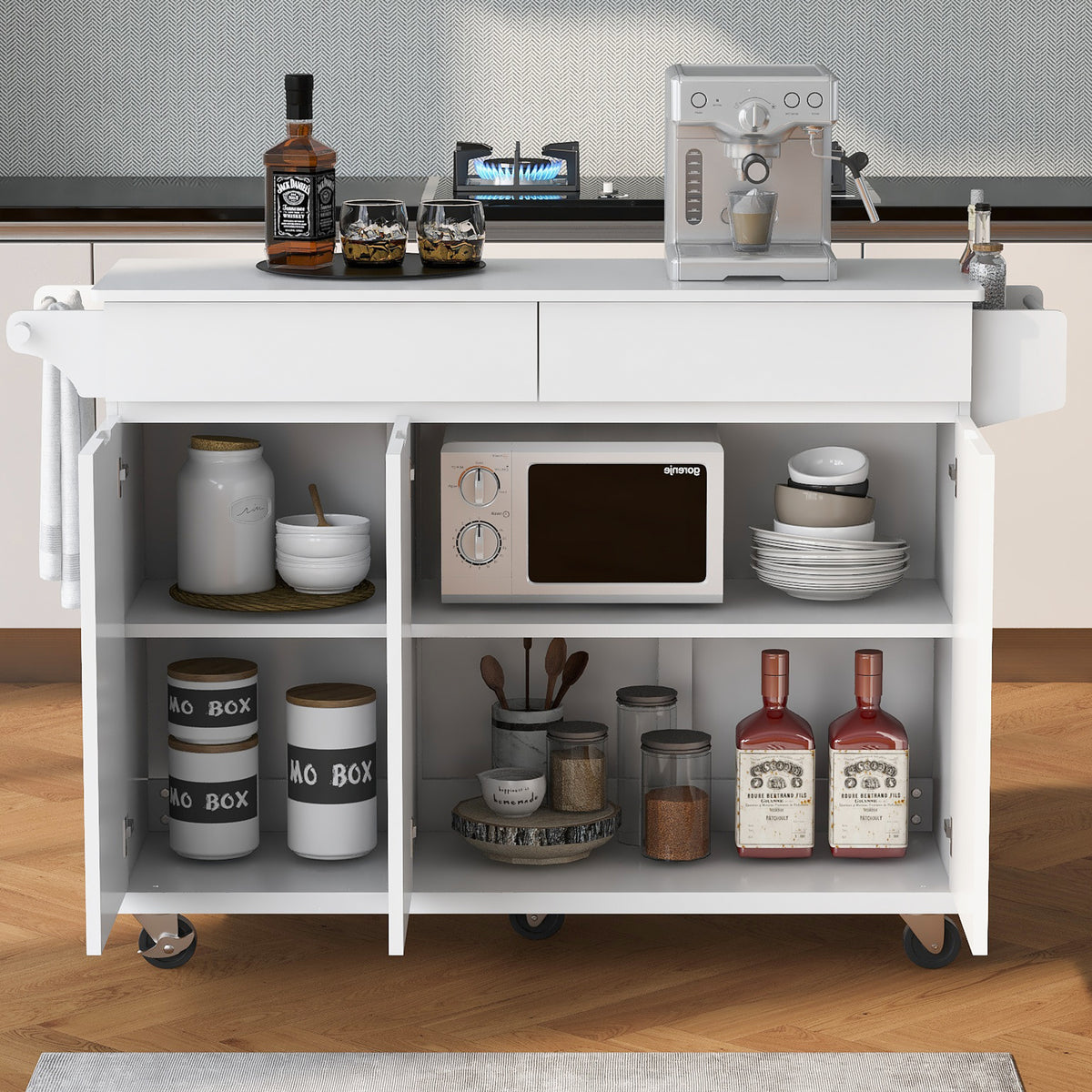 K&K 53.2''Kitchen Island with Drop Leaf, Kitchen Storage Cart with Spice Rack, Towel Rack and 2 Drawers, Rolling Kitchen Island on Wheels with Adjustable Shelves for Kitchen, Dining Room, White N707P173041W-djyc