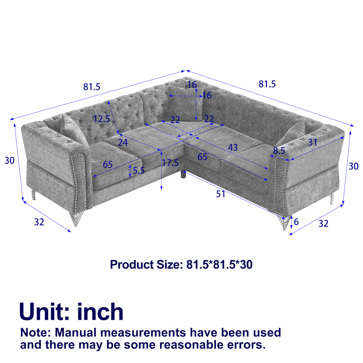 81.5-Inch Chenille Corner Sofa , L-Shaped Sectional Couch, 5-Seater Corner Sofas with 3 Cushions for Living Room, Bedroom, Apartment, Office W834S00263-djyc